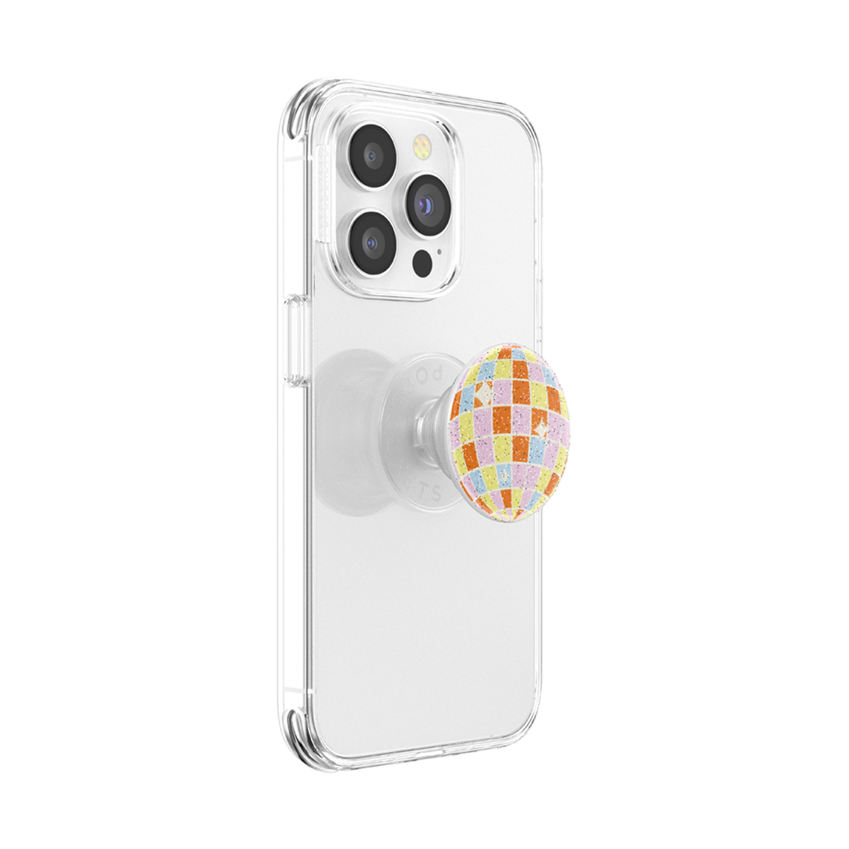 Custodia trasparente per telefono con un pop socket colorato. Il pop socket ha un motivo a scacchi.