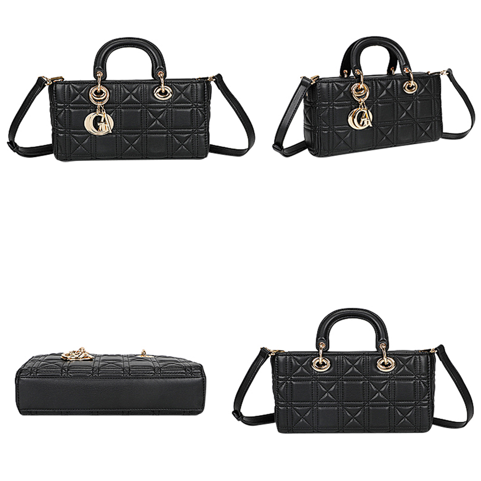 Schwarze Handtaschen im Studio, mit goldenen Ketten- und Griffdetails.