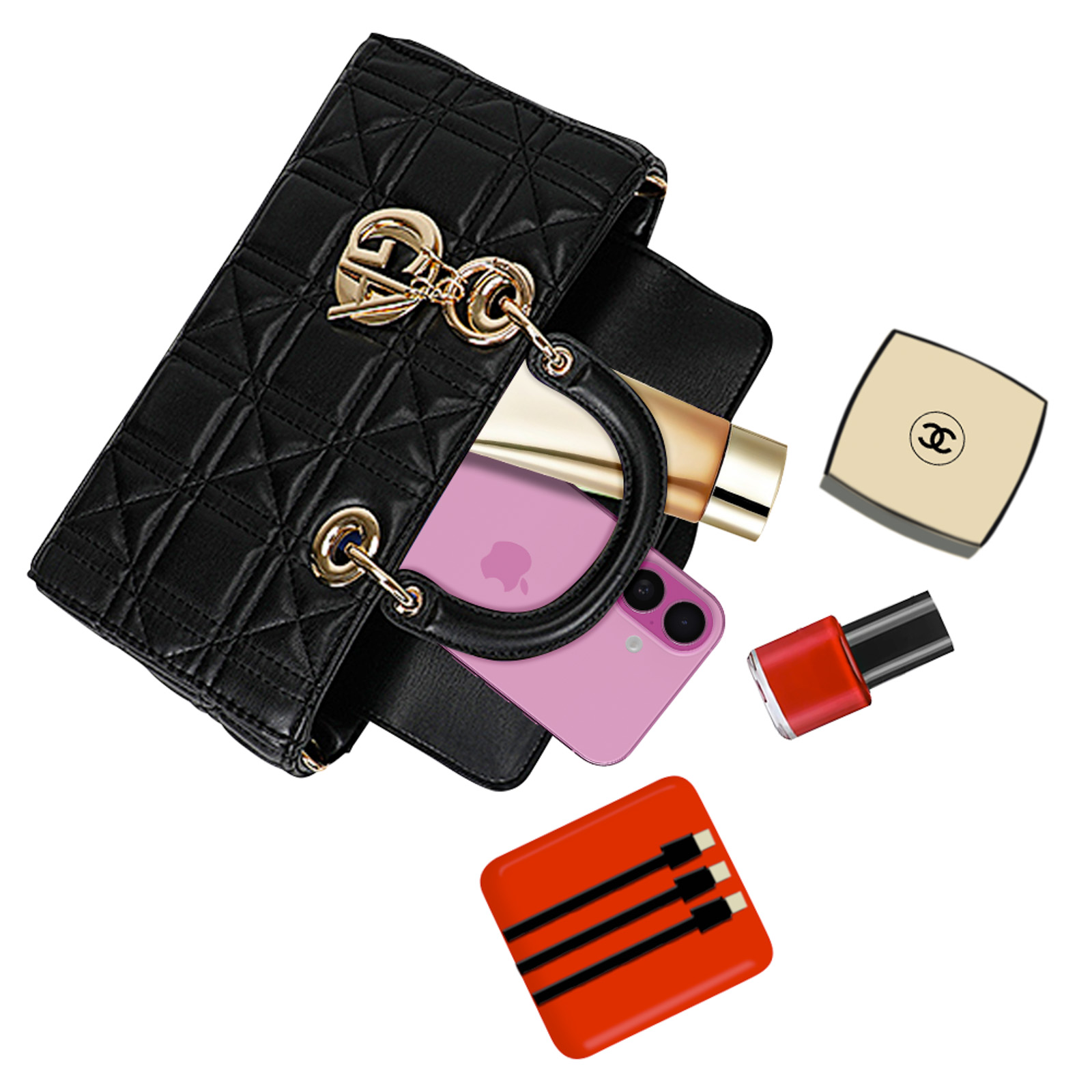 Schwarze gesteppte Handtasche mit Kosmetika, Telefon und Kabeln, weißer Hintergrund.