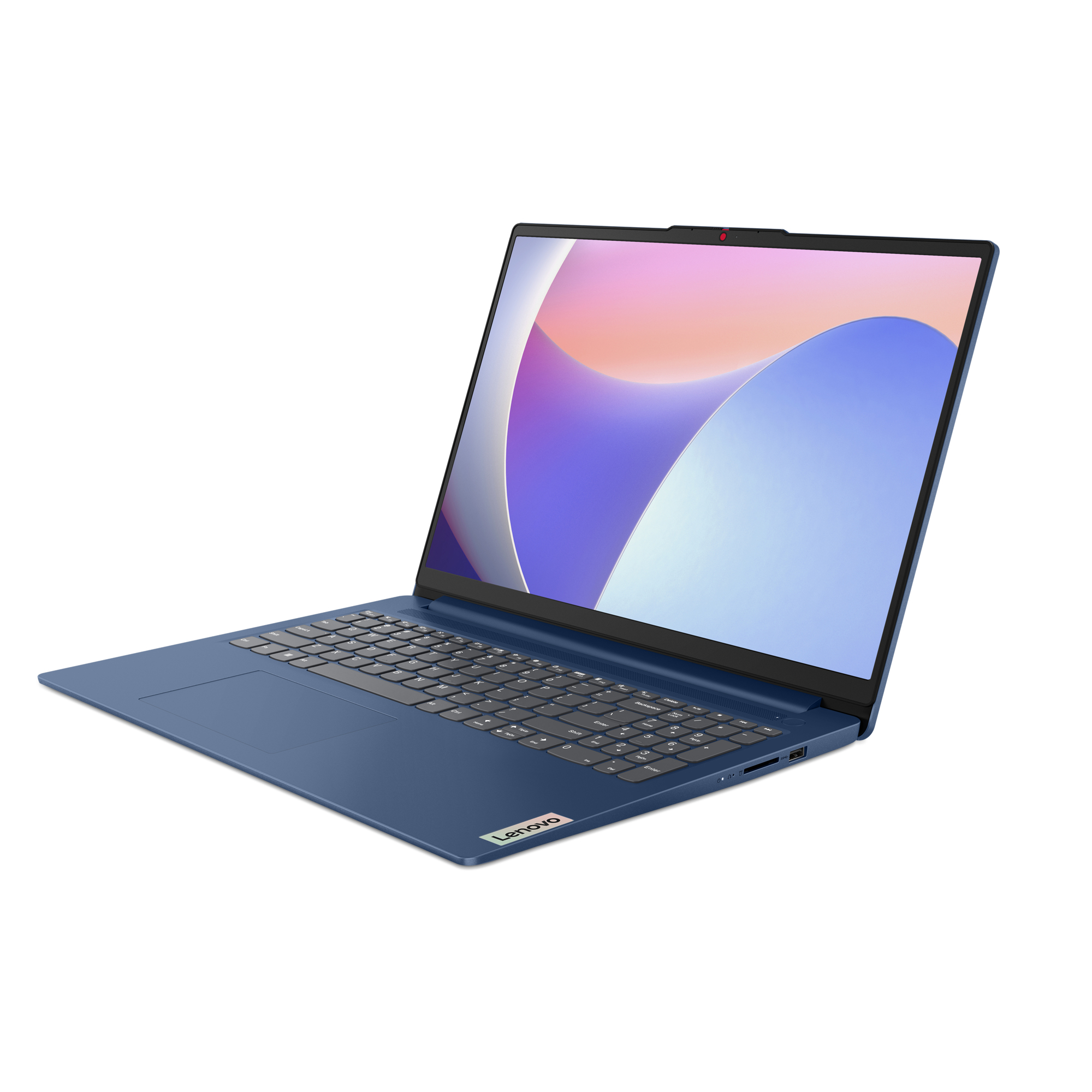 Blauer Laptop mit Tastatur, Bildschirm und Markennamen unten.