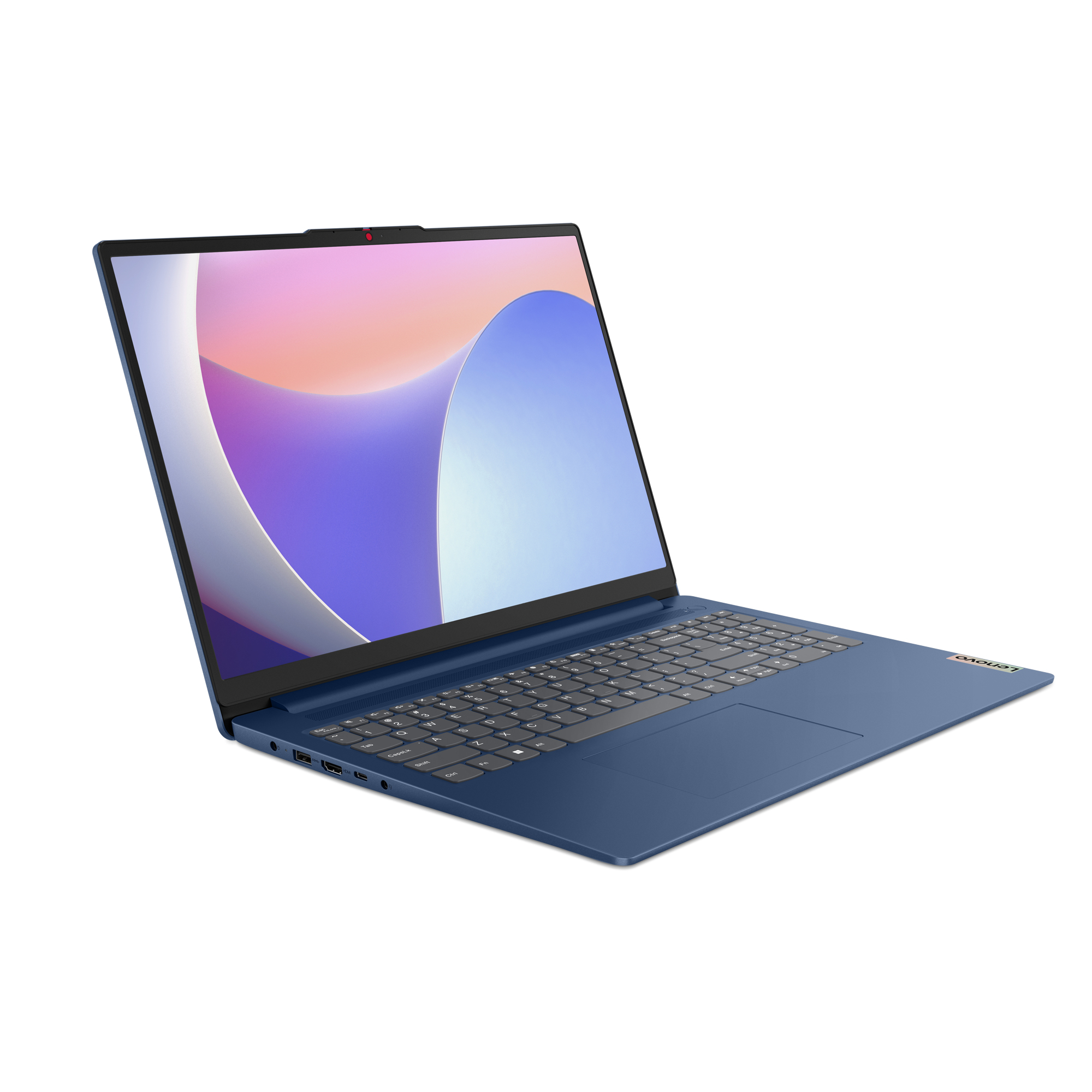 Blauer Laptop offen auf weißer Oberfläche. Der Bildschirm zeigt ein lila-blaues Design. Die Tastatur ist sichtbar.