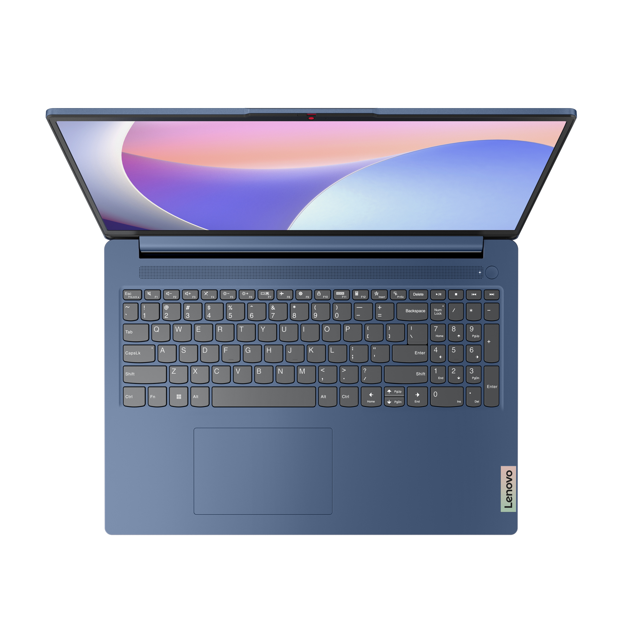 Blaues Laptop-Keyboard, offen. Draufsicht, weißer Hintergrund. Lenovo-Logo ist sichtbar.