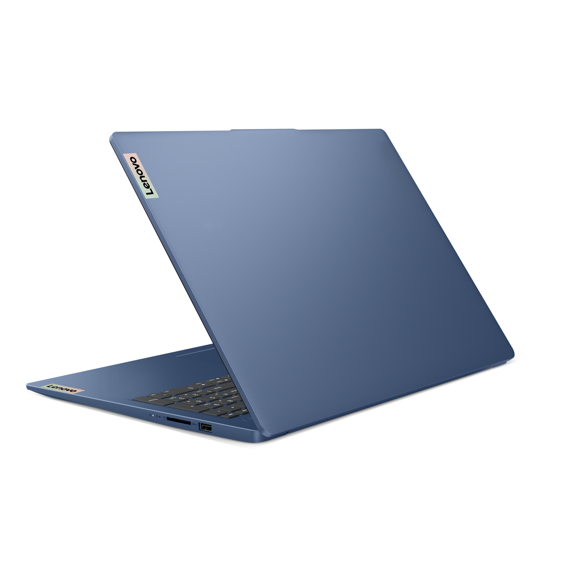 Blauer Laptop mit schwarzer Tastatur, Rückansicht, weißer Hintergrund.