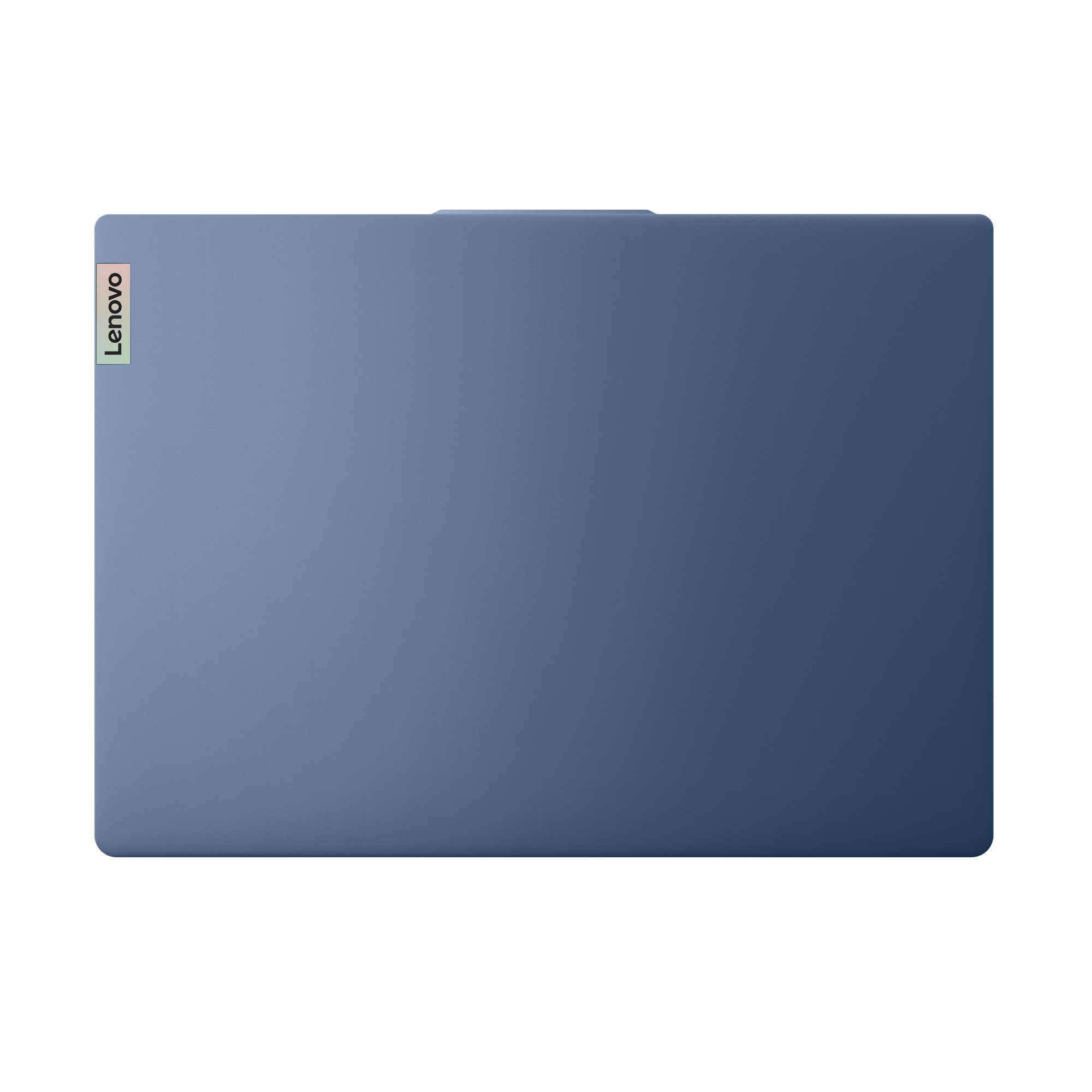 Blauer Laptop mit Lenovo-Logo, von oben aufgenommen.