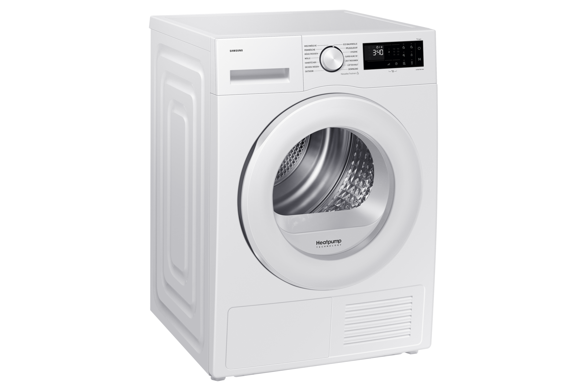 Ein weißer Trockner mit Digitalanzeige 3:40 und dem Wort 'Heatpump Technology'.