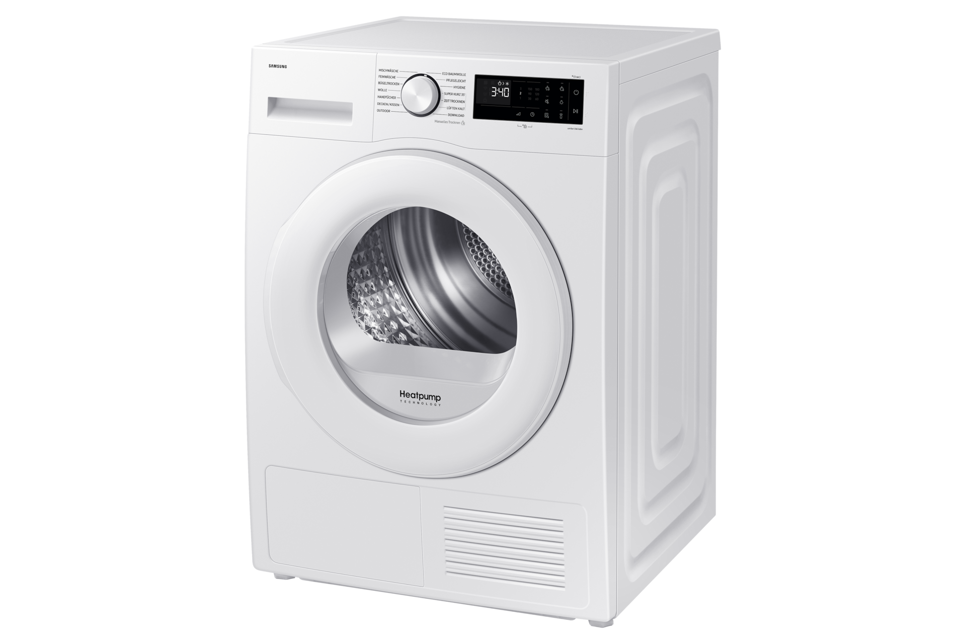 Ein weißer Trockner mit Digitalanzeige 3:40 und 'Heatpump Technology' auf der Vorderseite.
