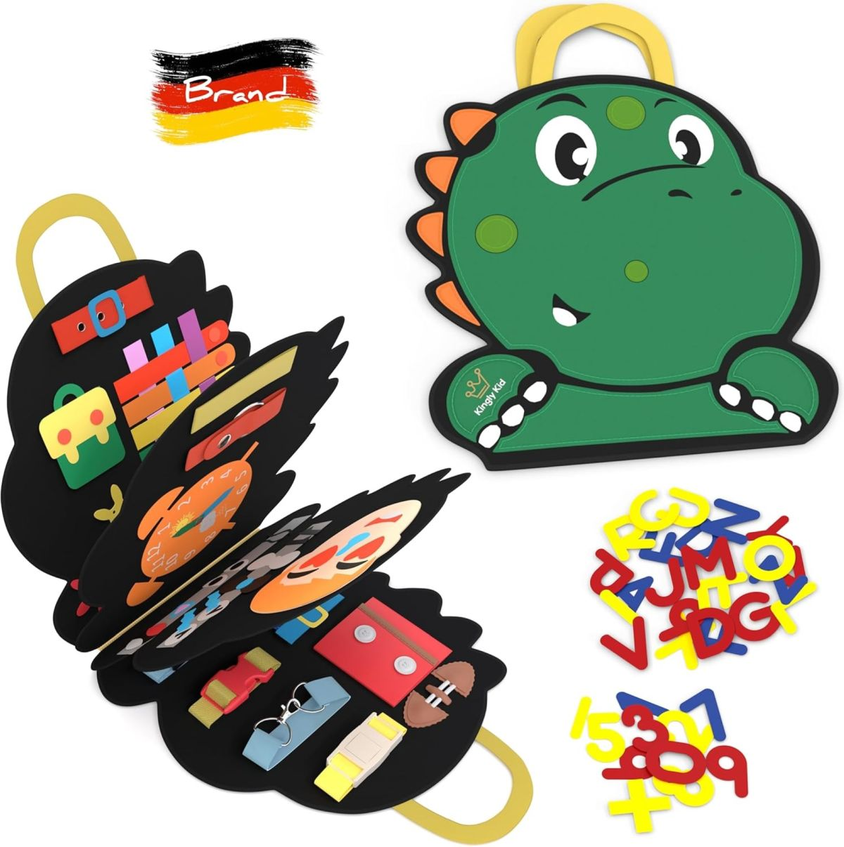 Grünes, dinosaurierförmiges Activity-Board mit Buchstaben, Zahlen und bunten Objekten. Deutsche Flagge.