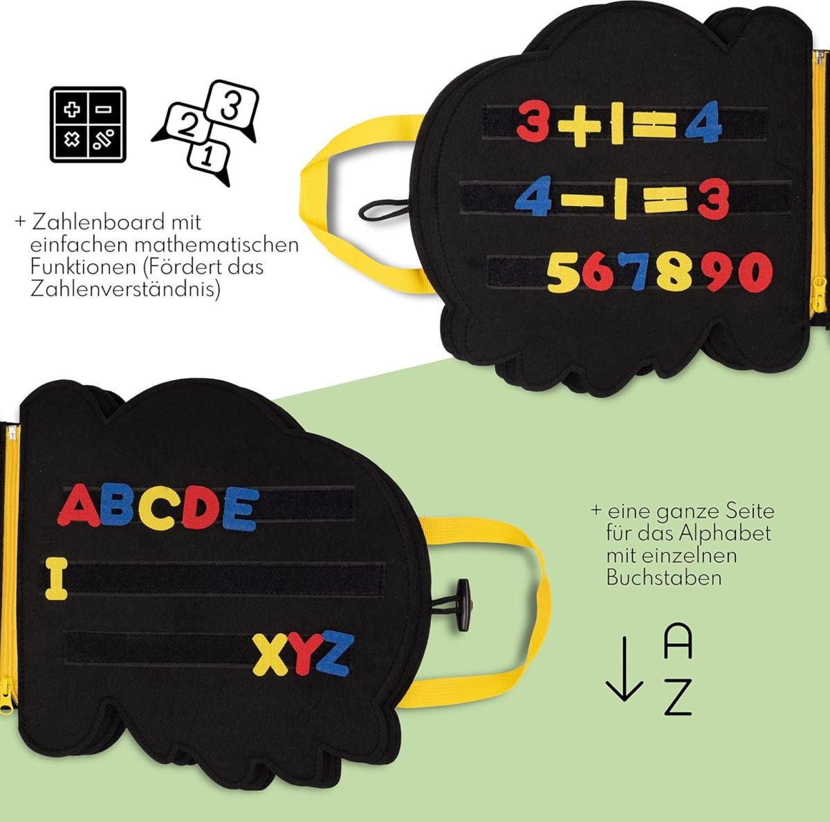 Ein schwarzes Filz-Lernspielzeug mit Buchstaben und Zahlen. Gelber Reißverschluss, mit Anweisungen auf Deutsch.