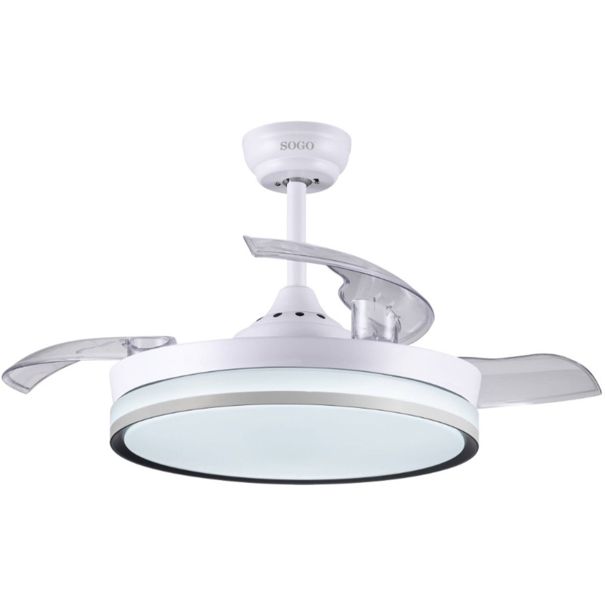 Ventilatore da soffitto bianco con pale trasparenti e luce circolare. Logo SOGO in alto.