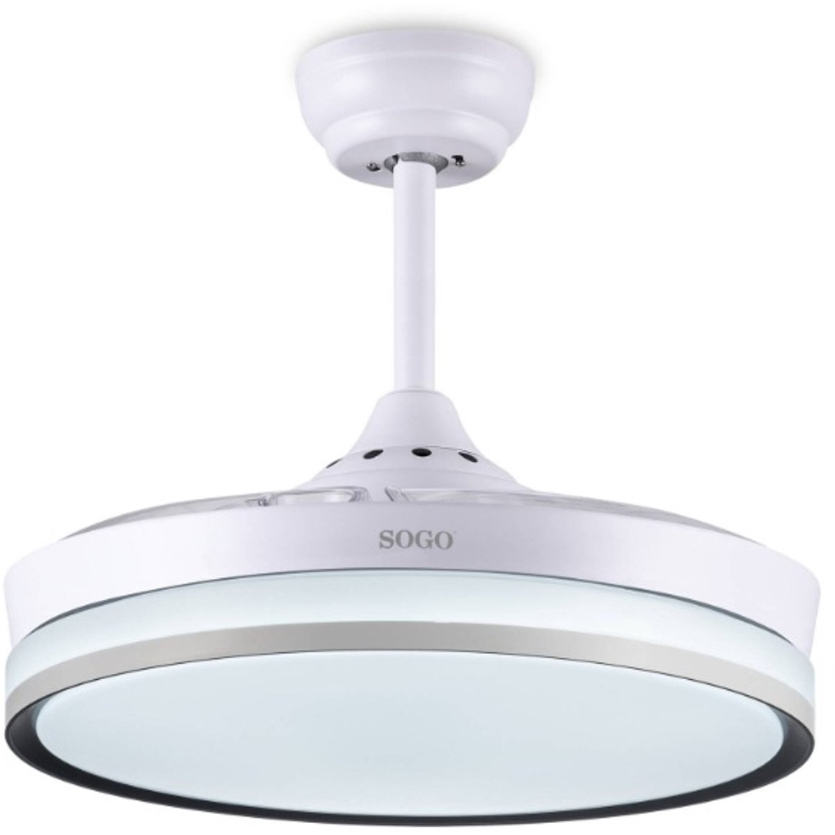Un ventilatore da soffitto bianco con un design ad anello luminoso, appeso a un soffitto bianco.