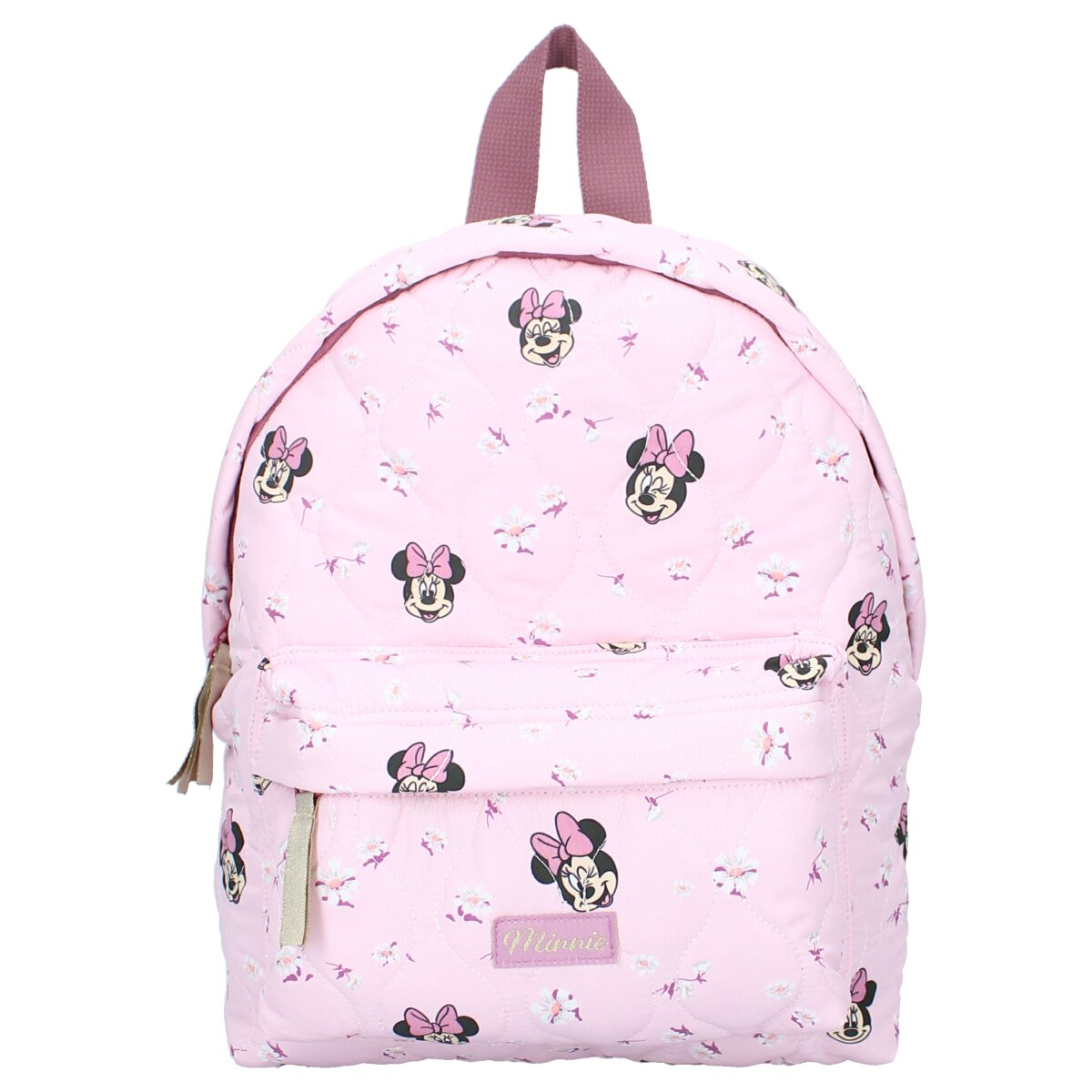 Rosa Minnie Mouse Rucksack mit Blumenmuster.