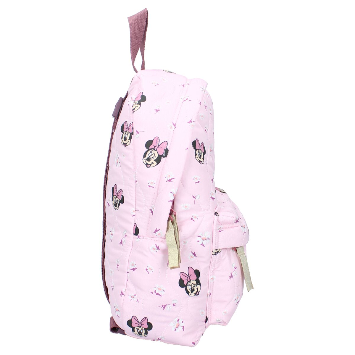 Rosa Minnie Mouse Rucksack. Er hat ein sich wiederholendes Minnie Mouse Muster und eine Schleife und Träger.