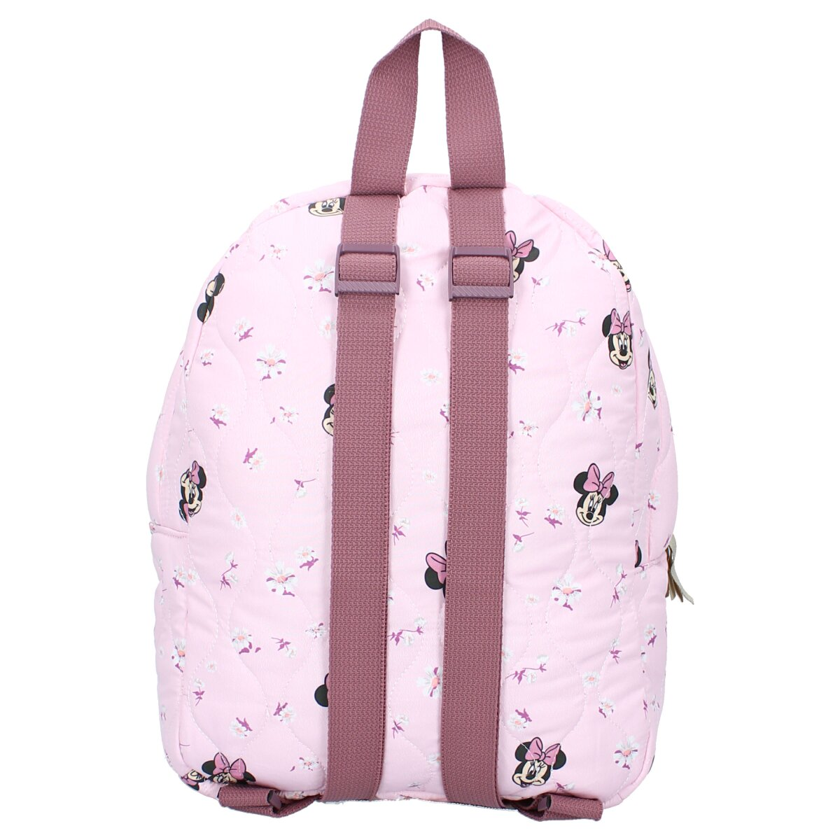 Rosa Rucksack mit Minnie-Maus-Muster und rosa Trägern auf weißem Hintergrund.