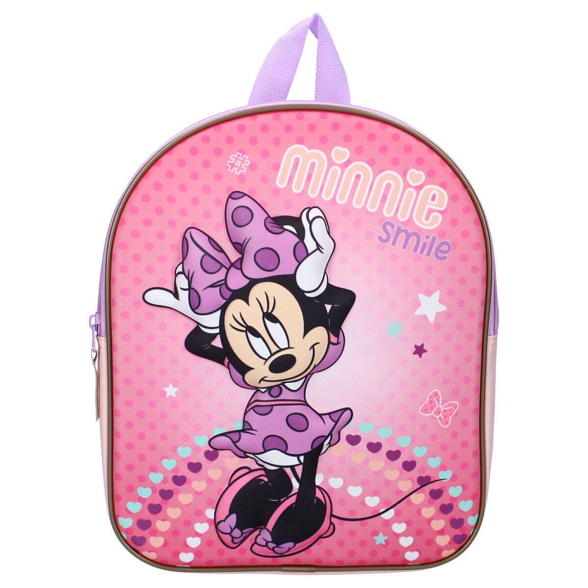 Ein pinkfarbener Minnie-Maus-Rucksack mit Punkten. Minnie ist vorne, der Rucksack hat einen lila Griff.