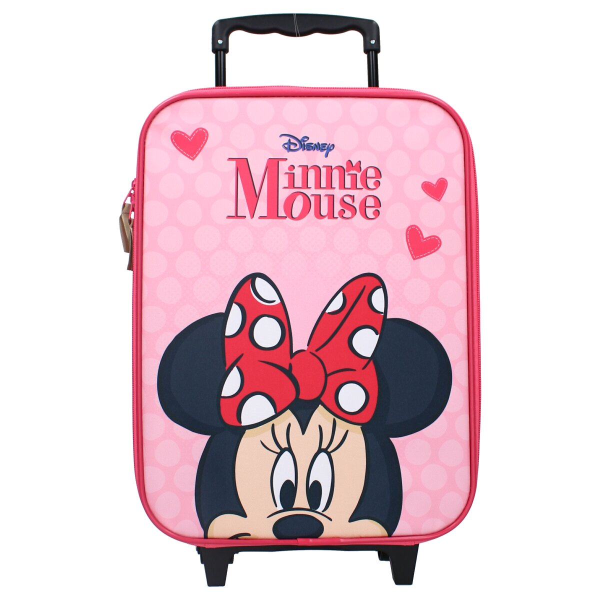 Ein pinker Minnie-Maus-Koffer. Minnie's Gesicht und eine rote Schleife sind auf der Vorderseite.