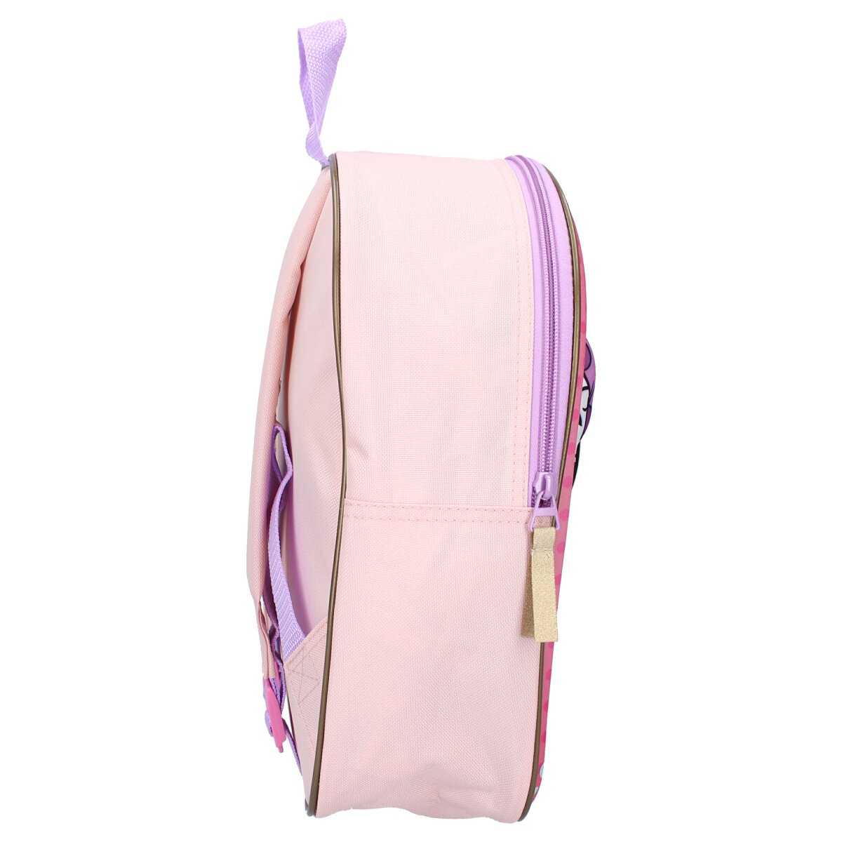 Rosa Seitenansicht eines Rucksacks mit lila Griff und Reißverschluss. Braune und rosa Details. Weißer Hintergrund.