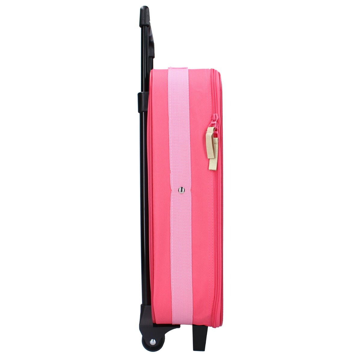 Ein rosa Koffer mit rosa Griff, Reißverschluss und hellrosa Streifen.