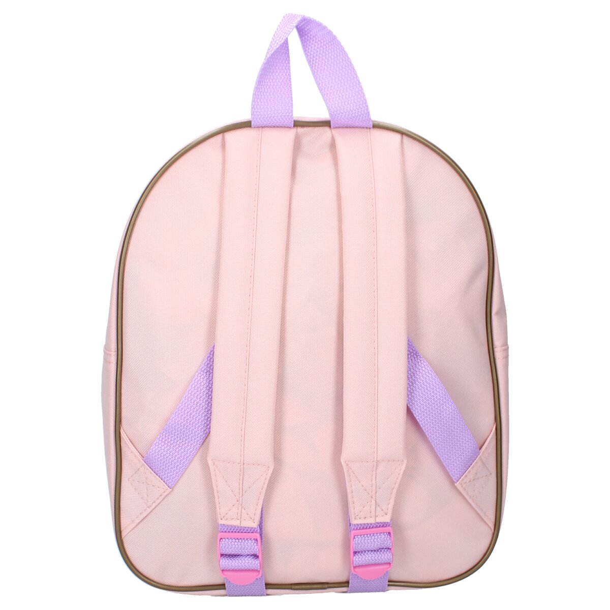 Rosa Rucksack mit lila Trägern und braunem Besatz.