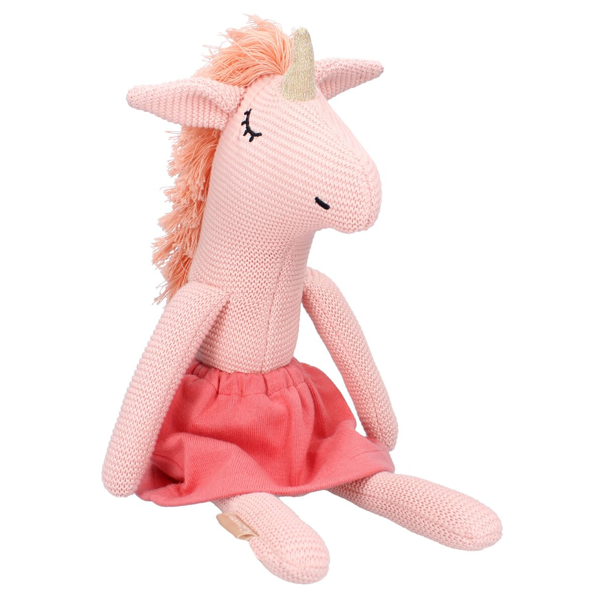 Ein rosa Einhorn-Plüschtier mit rosa Rock wird gezeigt.