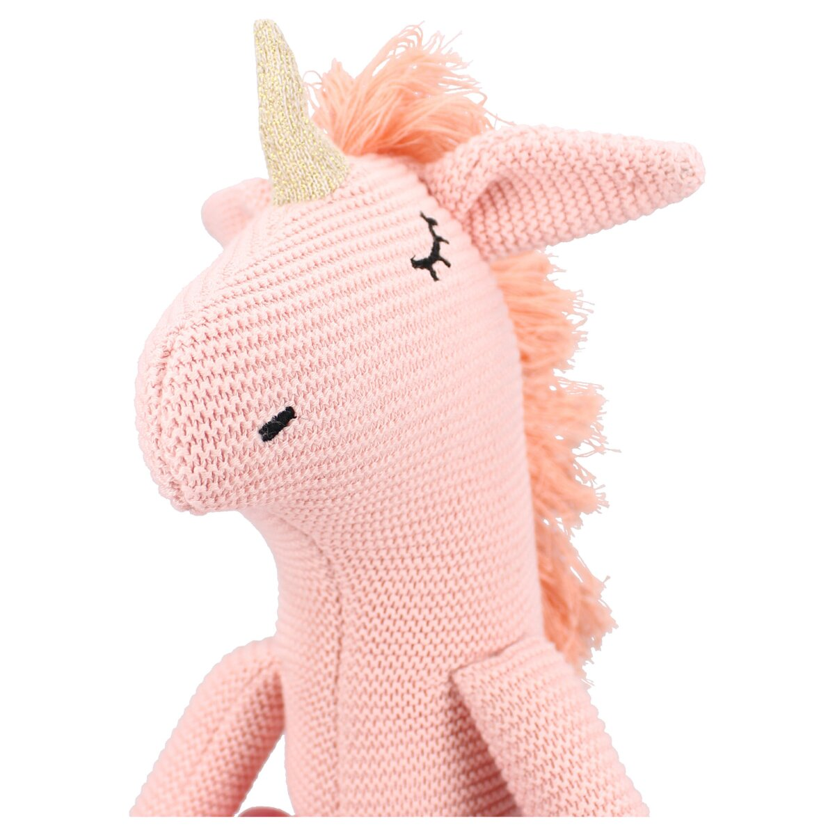 Ein pinkfarbenes Einhorn-Plüschtier mit goldenem Horn und pinker Mähne. Profilansicht, weiche Textur.