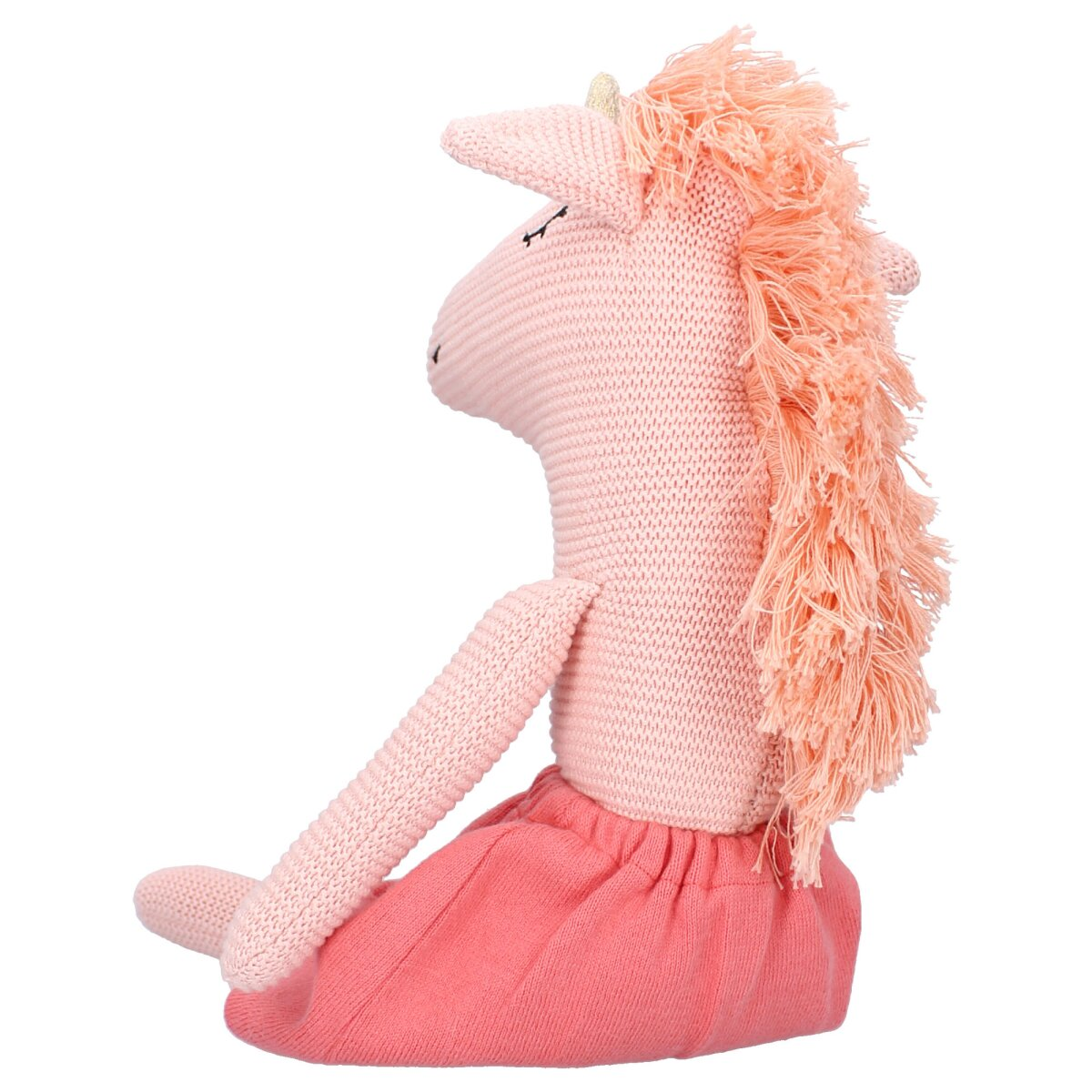 Ein pinkes Einhorn-Plüschtier mit pinker Mähne und Rock, sitzend.