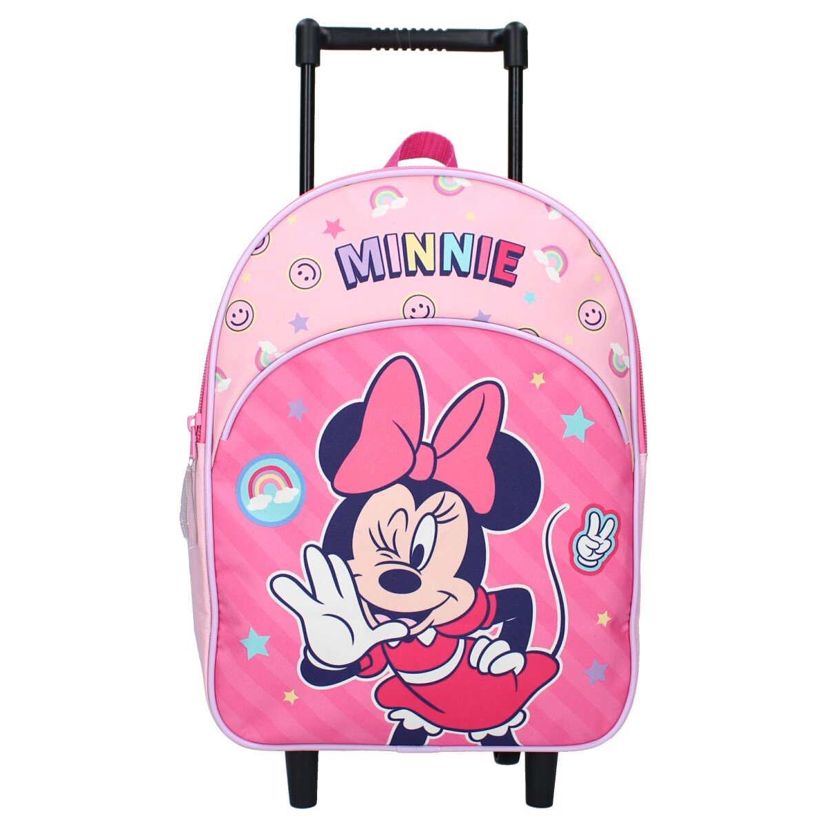 Rosa Minnie Mouse Rollrucksack mit Minnies Gesicht und Design auf weißem Hintergrund.