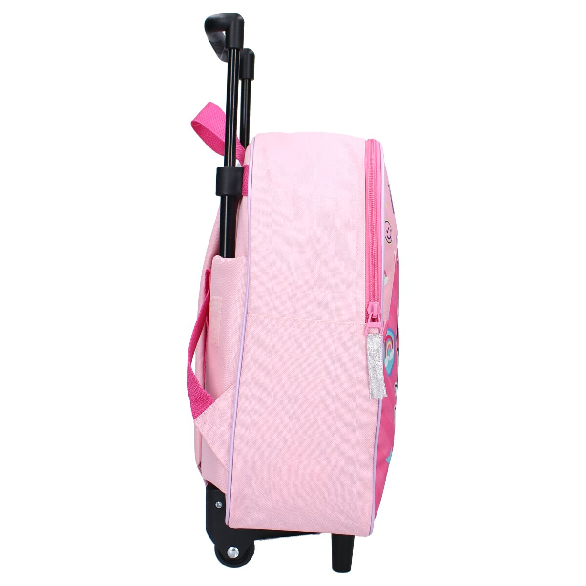 Rosa Rollrucksack mit Einhorn-Design und Reißverschluss. Er hat einen Griff und Räder. Der Hintergrund ist weiß.
