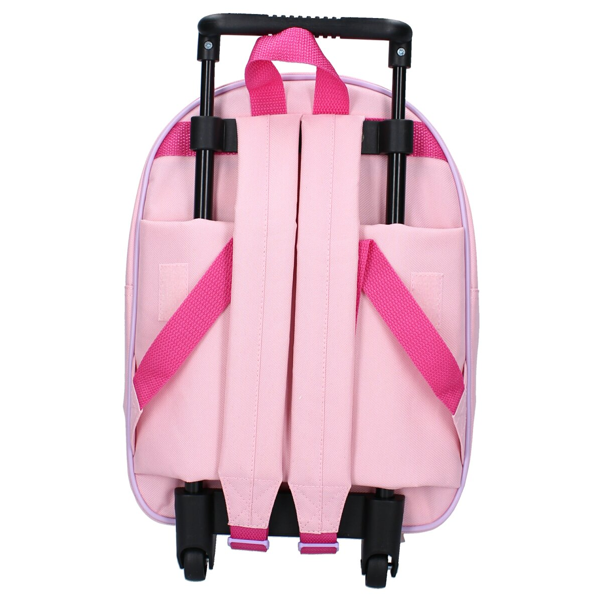 Rosa Rollrucksack mit zwei Rädern, einem Griff und rosa Trägern.