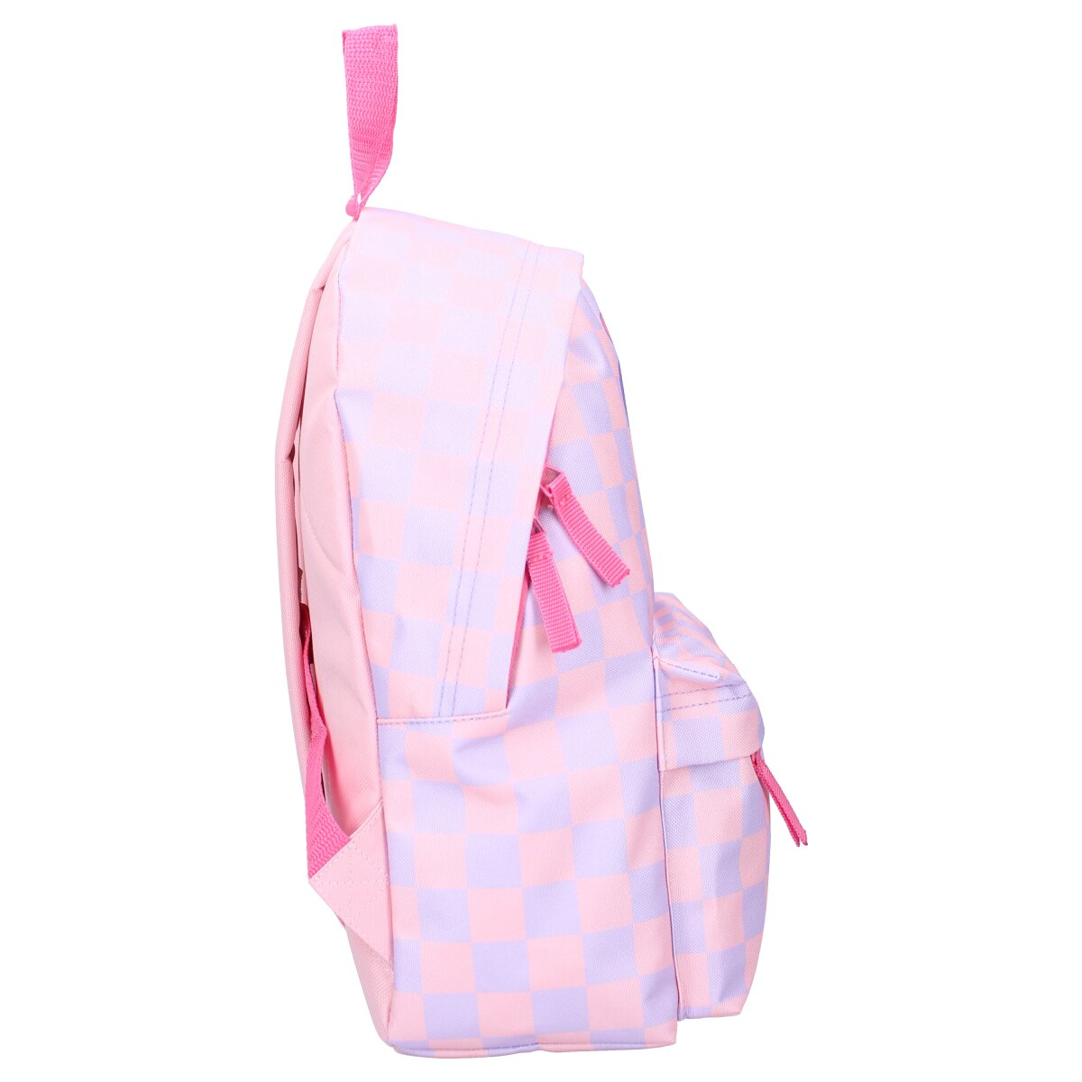 Ein pink-lila karierter Rucksack mit pinken Trägern und Reißverschlüssen.