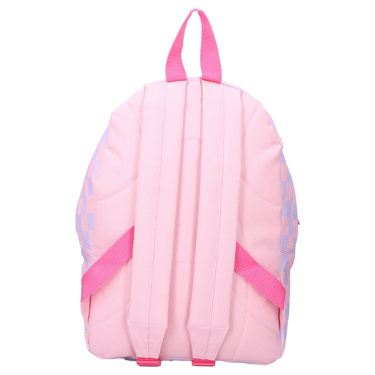Pinker Rucksack mit Schachbrettmuster. Die Rückseite ist einfarbig pink mit Schultergurten.