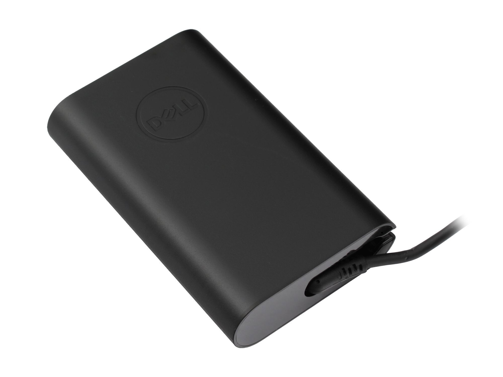 Schwarzes Dell-Laptop-Ladegerät auf weißem Hintergrund. Das Dell-Logo befindet sich oben.