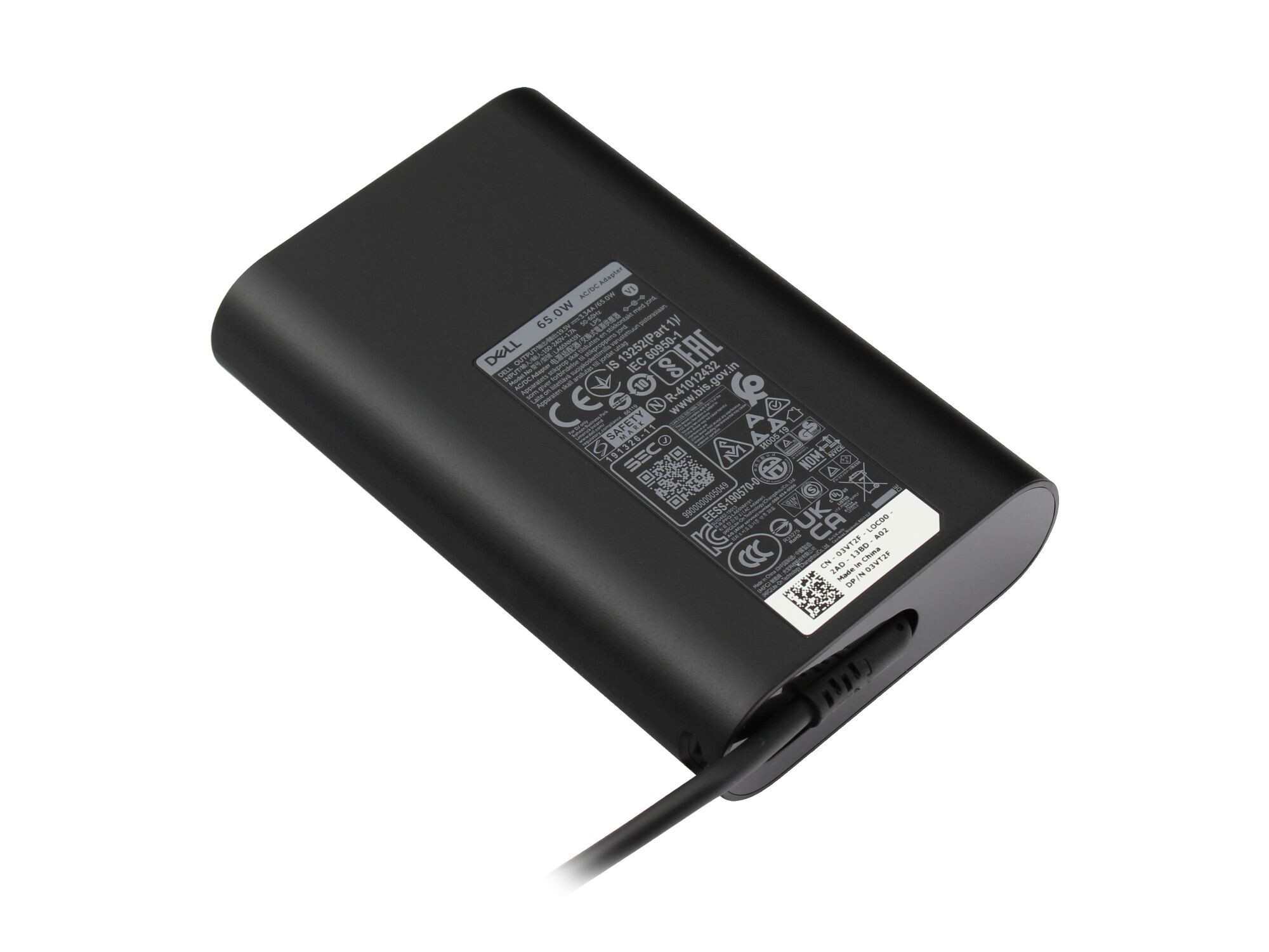 Ein schwarzes Dell Laptop-Netzteil mit Netzkabel auf weißem Untergrund. Der Adapter ist abgewinkelt.