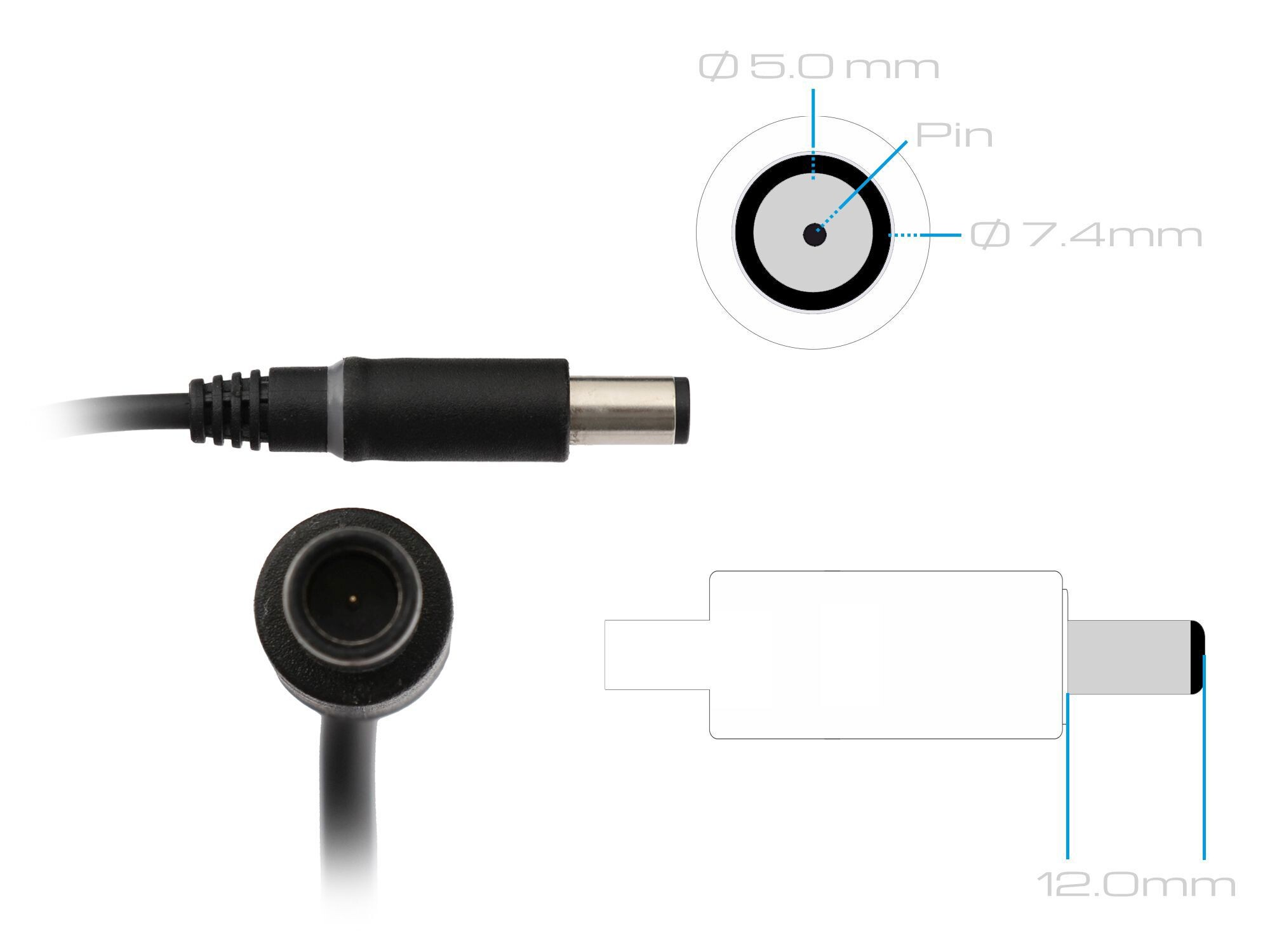 Diagramm eines Netzadapters mit Stift und Abmessungen.