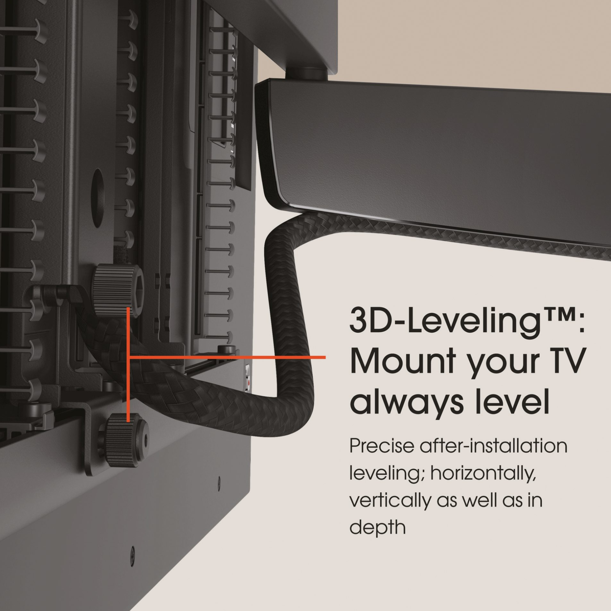Uchwyt TV z kablem i tekstem o poziomowaniu, pokazujący precyzyjną regulację pionową i poziomą.