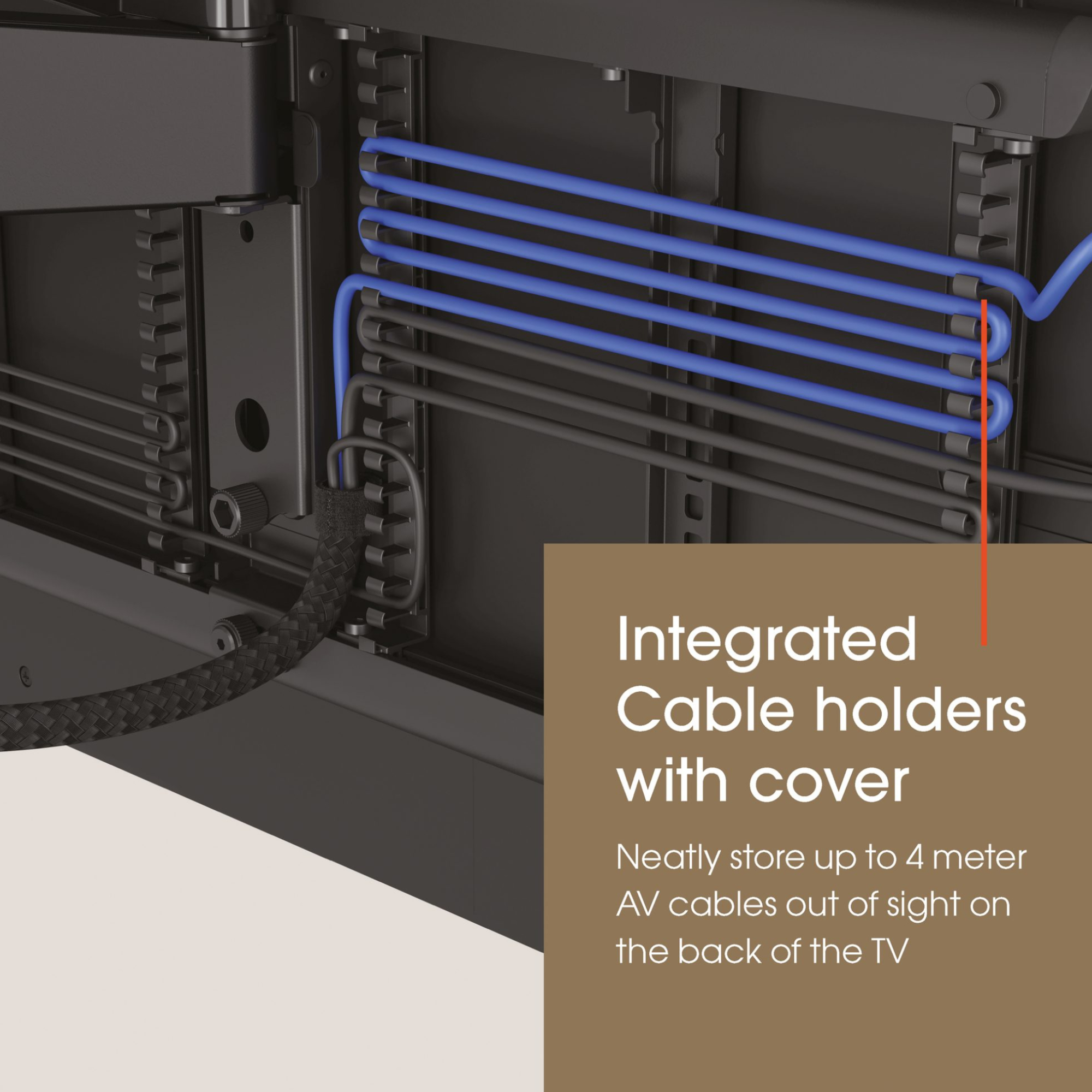 Zbliżenie wnętrza szafki, widoczne niebieskie kable i czarne uchwyty kabli.