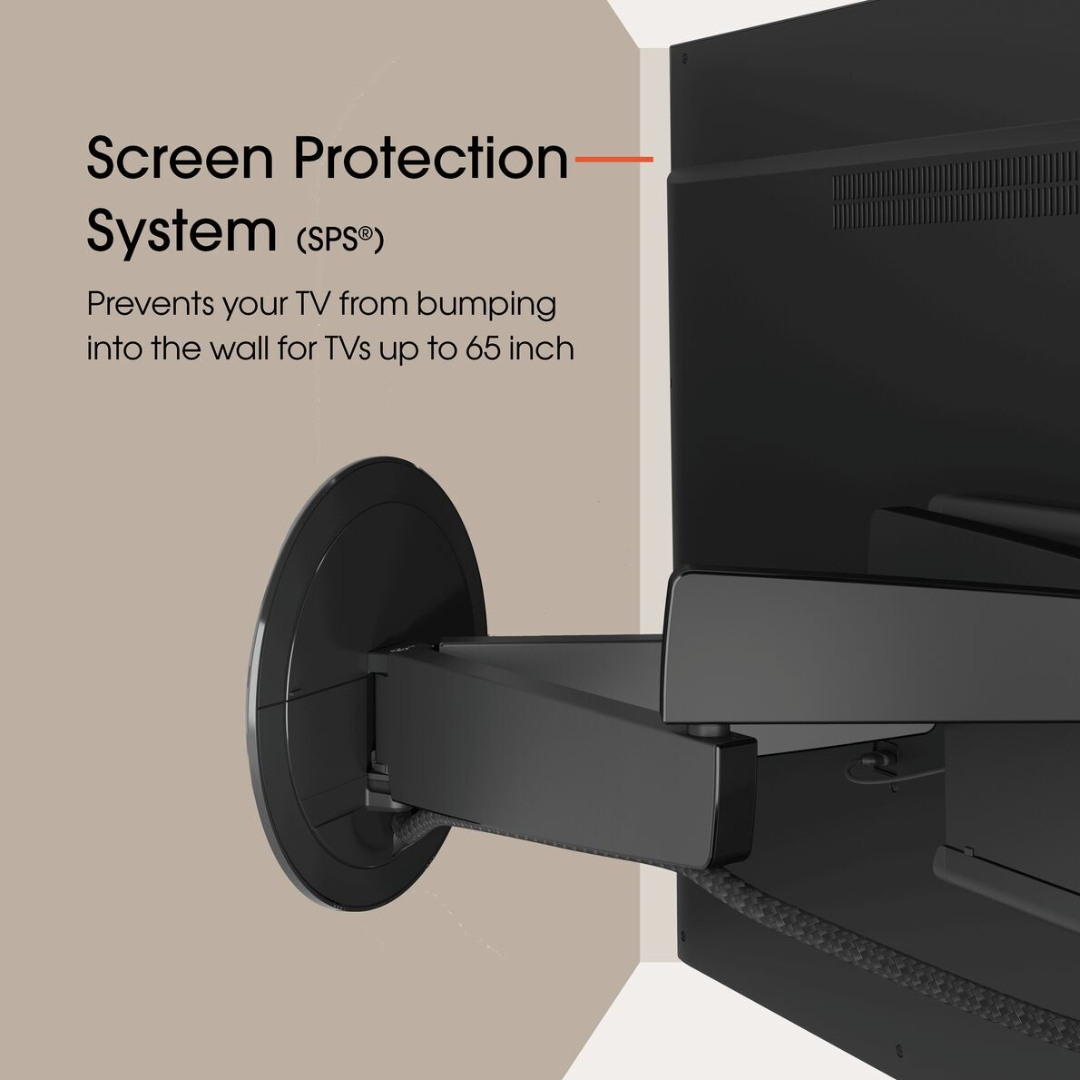 Czarny uchwyt do telewizora przymocowany do ściany, z tekstem o systemie ochrony ekranu (SPS).