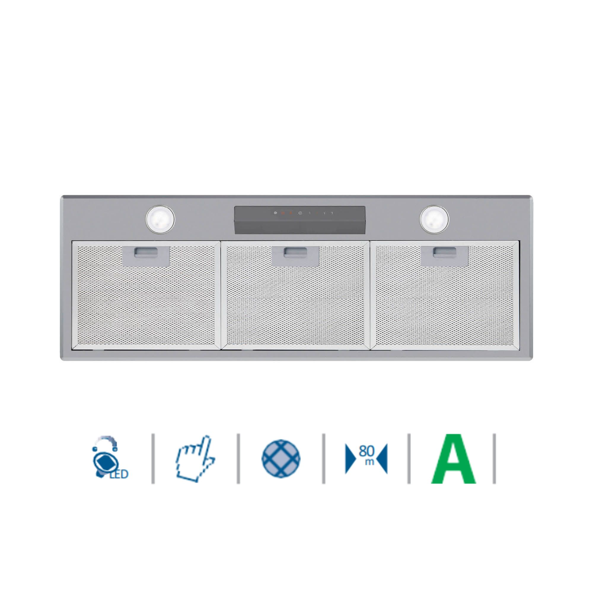 Campana extractora plateada con tres filtros de malla, iconos de luz LED, control táctil y eficiencia energética.