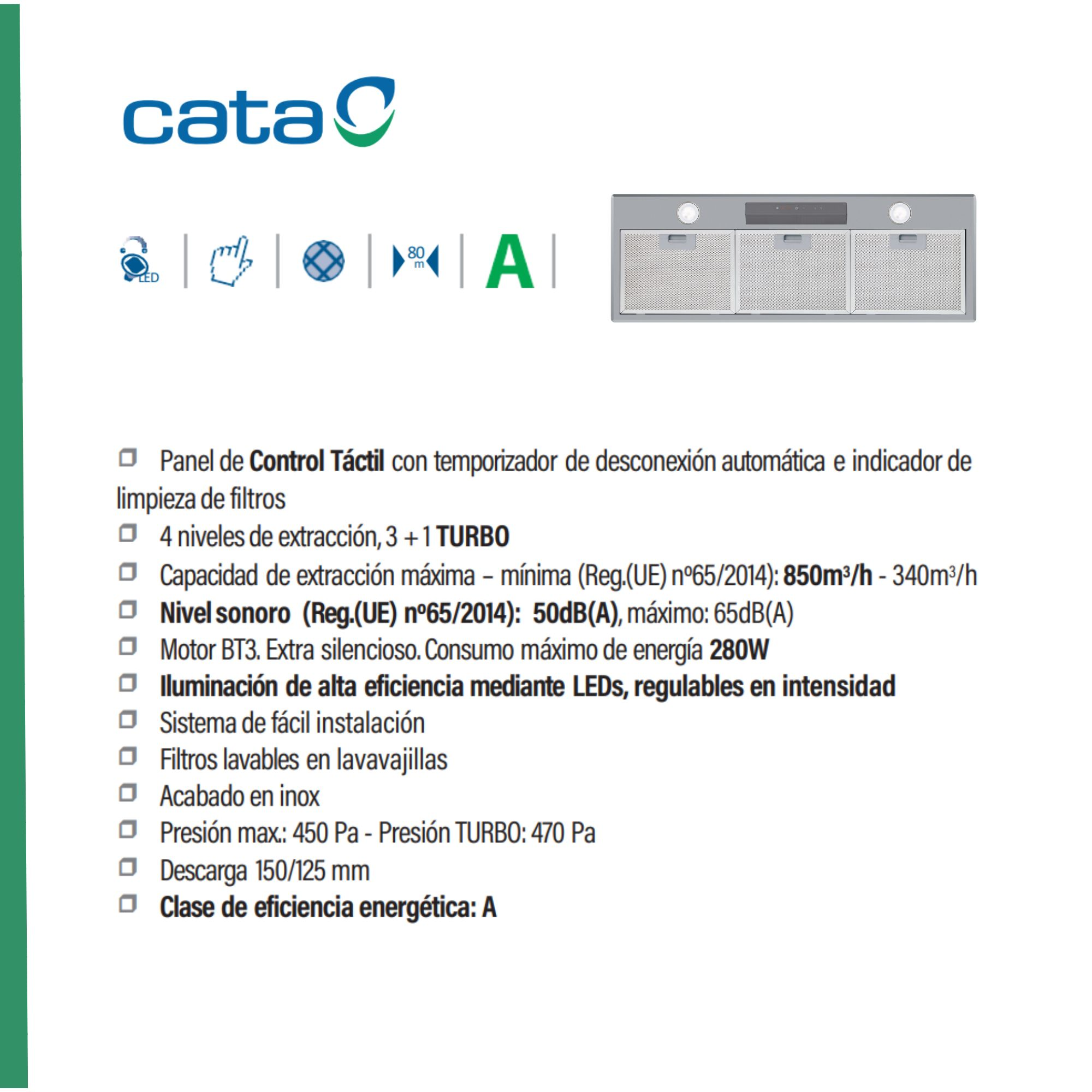 Especificaciones de la campana extractora de la marca Cata. Texto en español, detalles de las características y especificaciones.