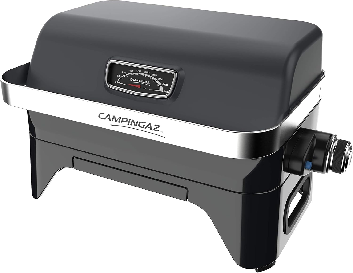 Zwarte campinggrill met zilveren afwerking en een temperatuurmeter. De merknaam staat op de voorkant.