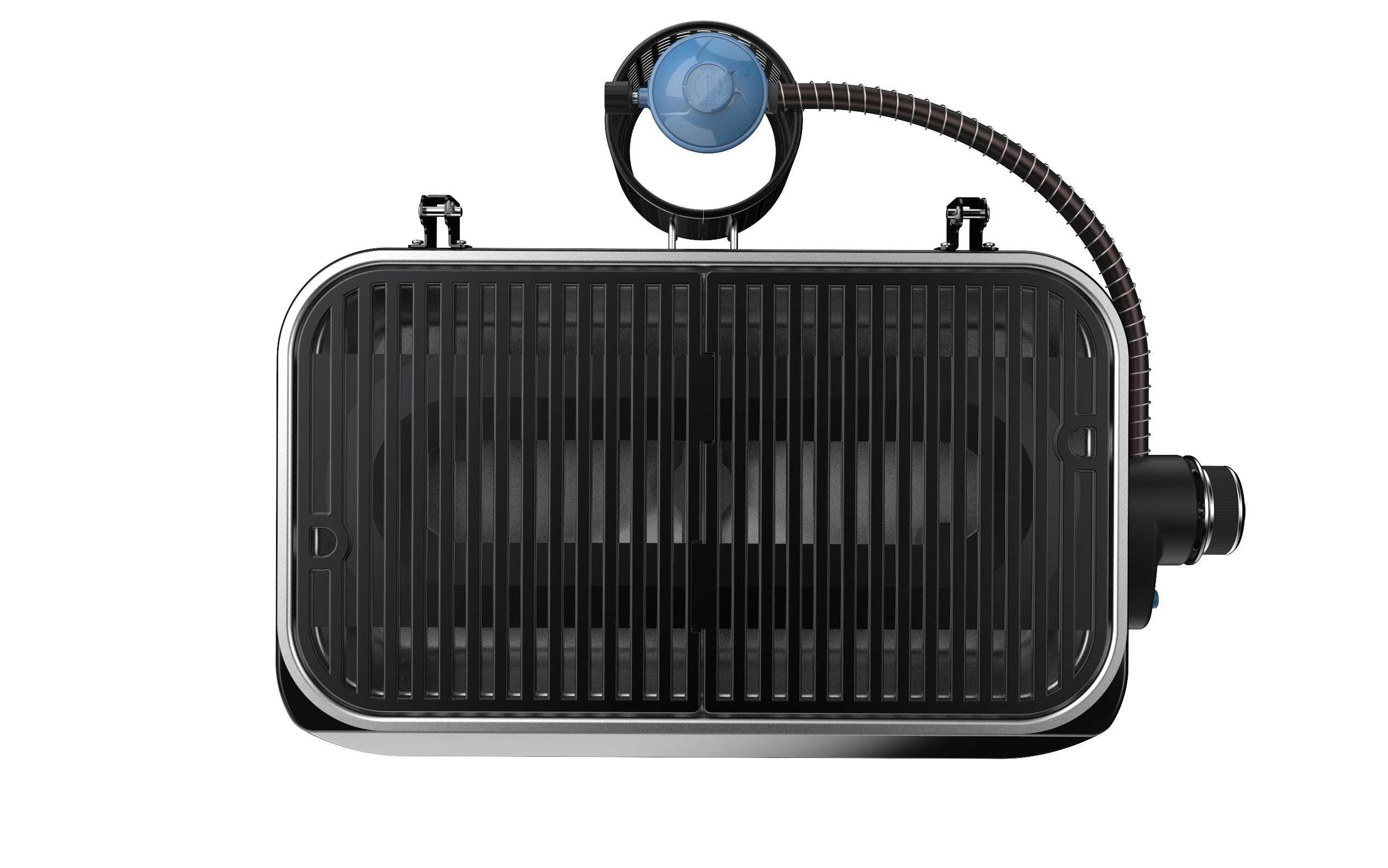 Een zwarte grill met een lichtblauwe gastoevoer. De achtergrond is zwart.