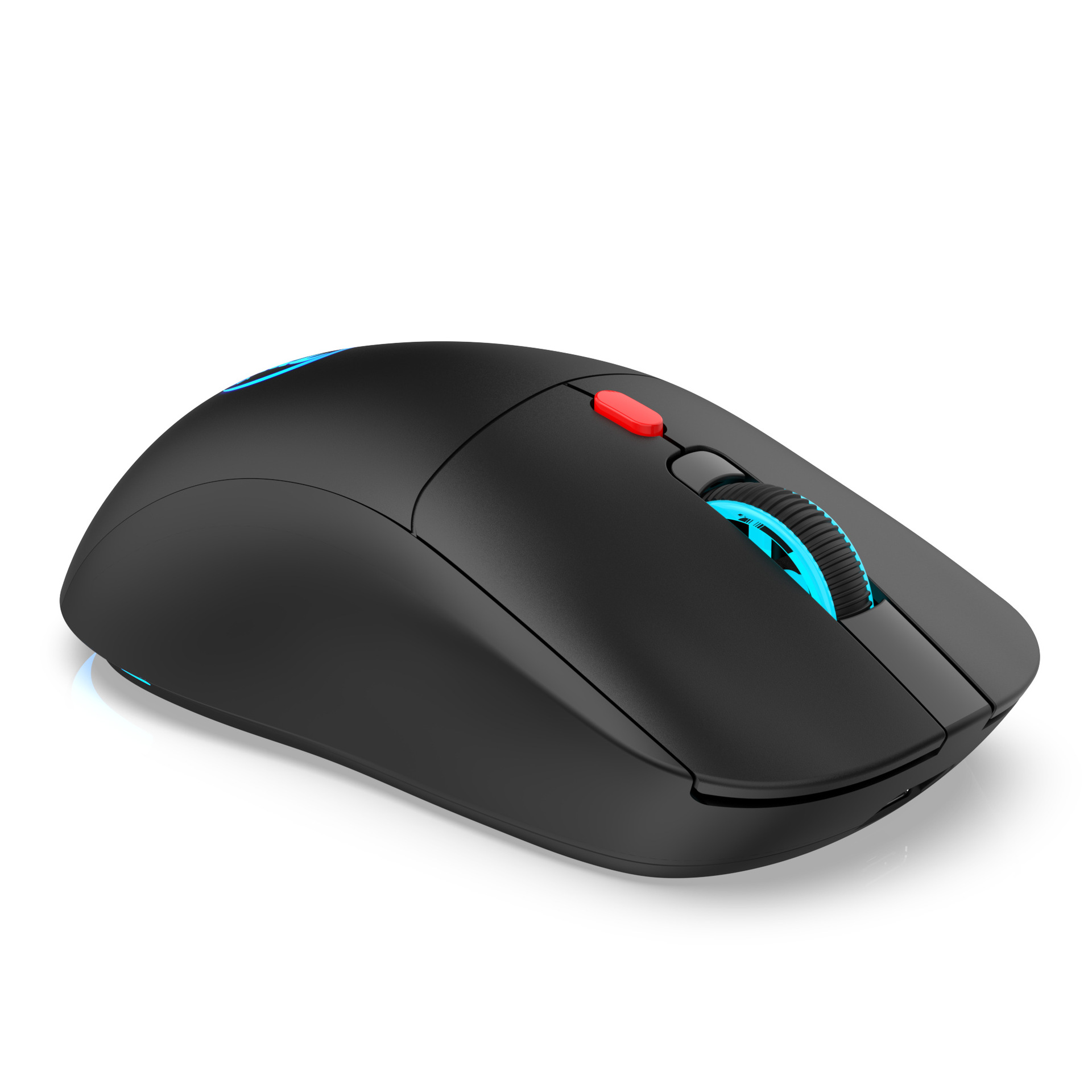 Mouse nero per computer con un pulsante rosso e una rotella blu. Il mouse è angolato.