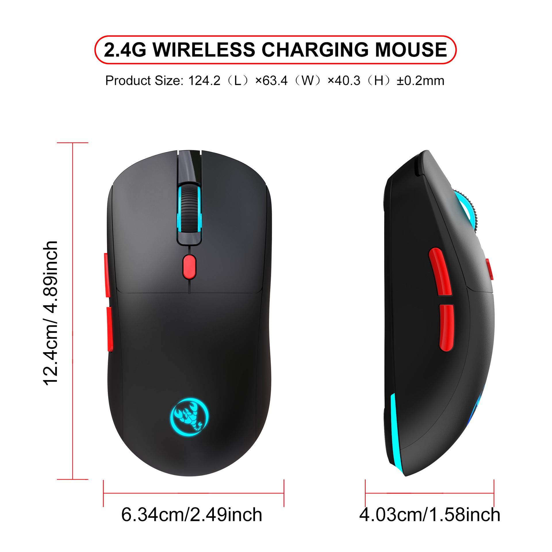 Mouse di ricarica wireless nero con dimensioni, dettagli rossi e blu.