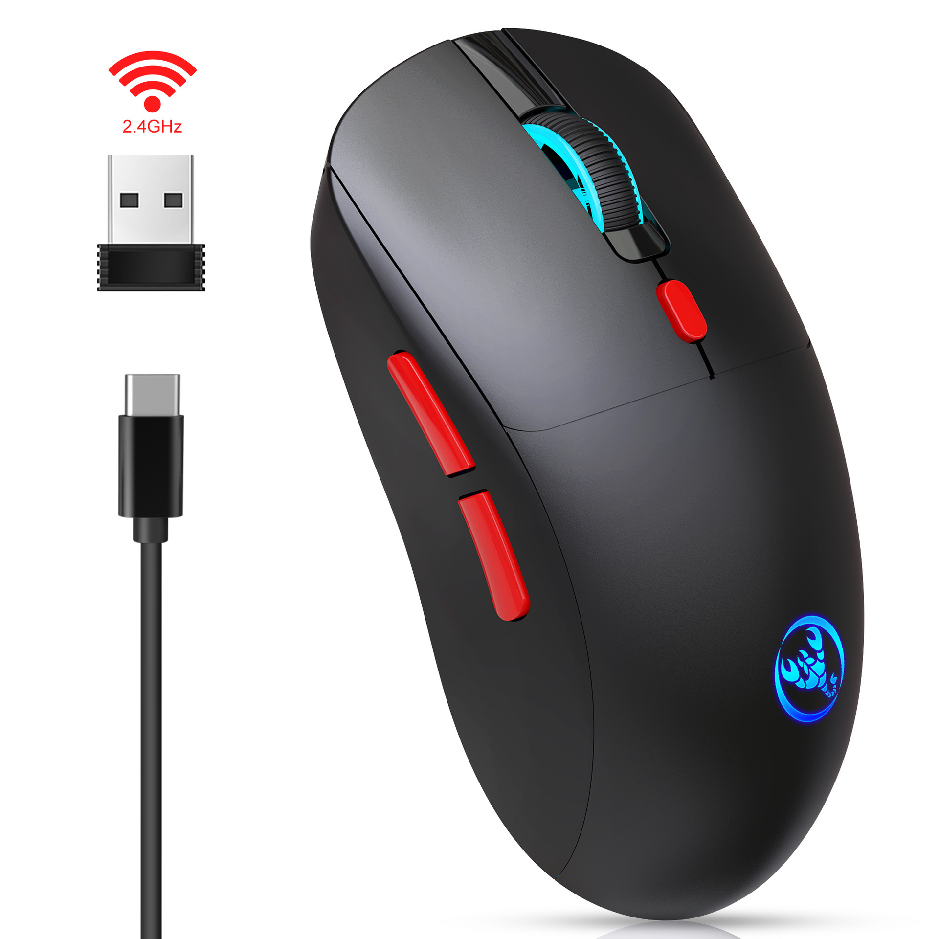 Un mouse nero con pulsanti rossi e ricevitore USB.