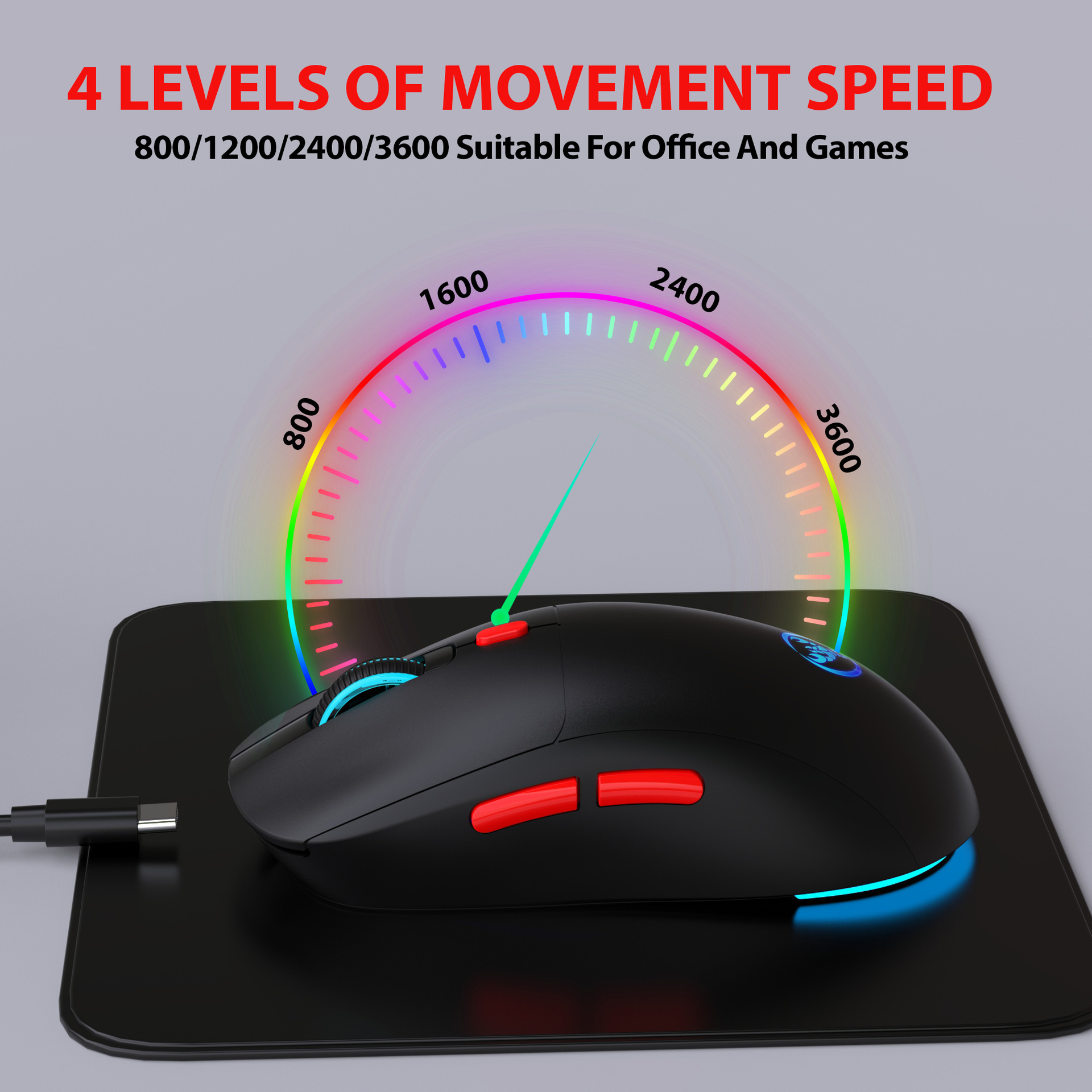 Mouse da gioco nero con indicatori di velocità.
