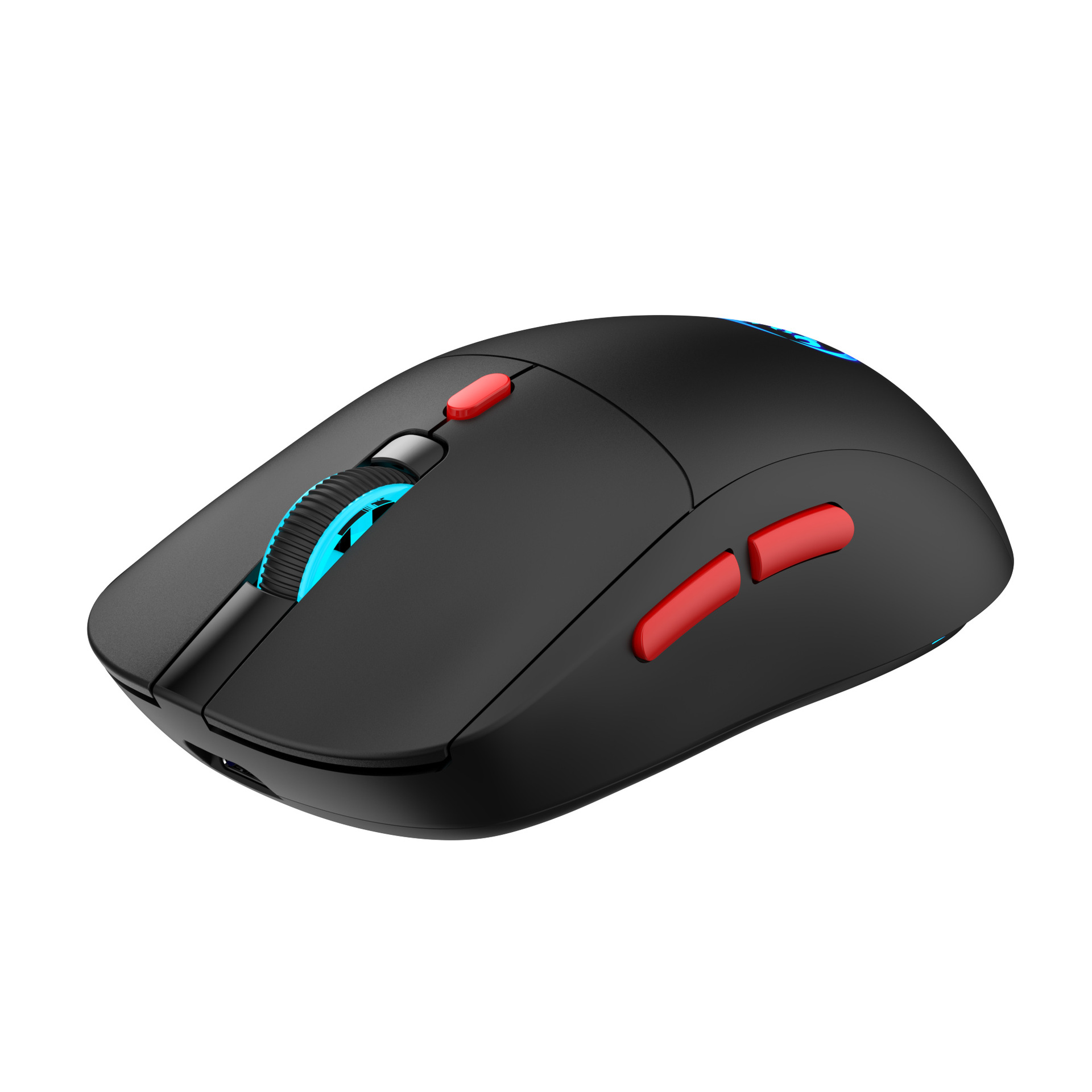 Mouse nero con rotella blu e pulsanti rossi. È su una superficie bianca.