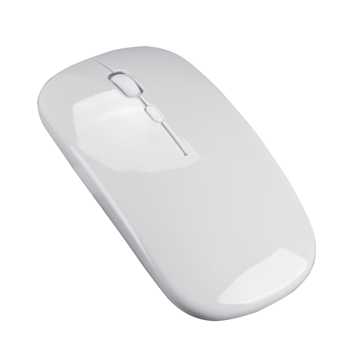 Mouse wireless bianco. Superficie liscia e lucida. Due pulsanti e una rotella di scorrimento.