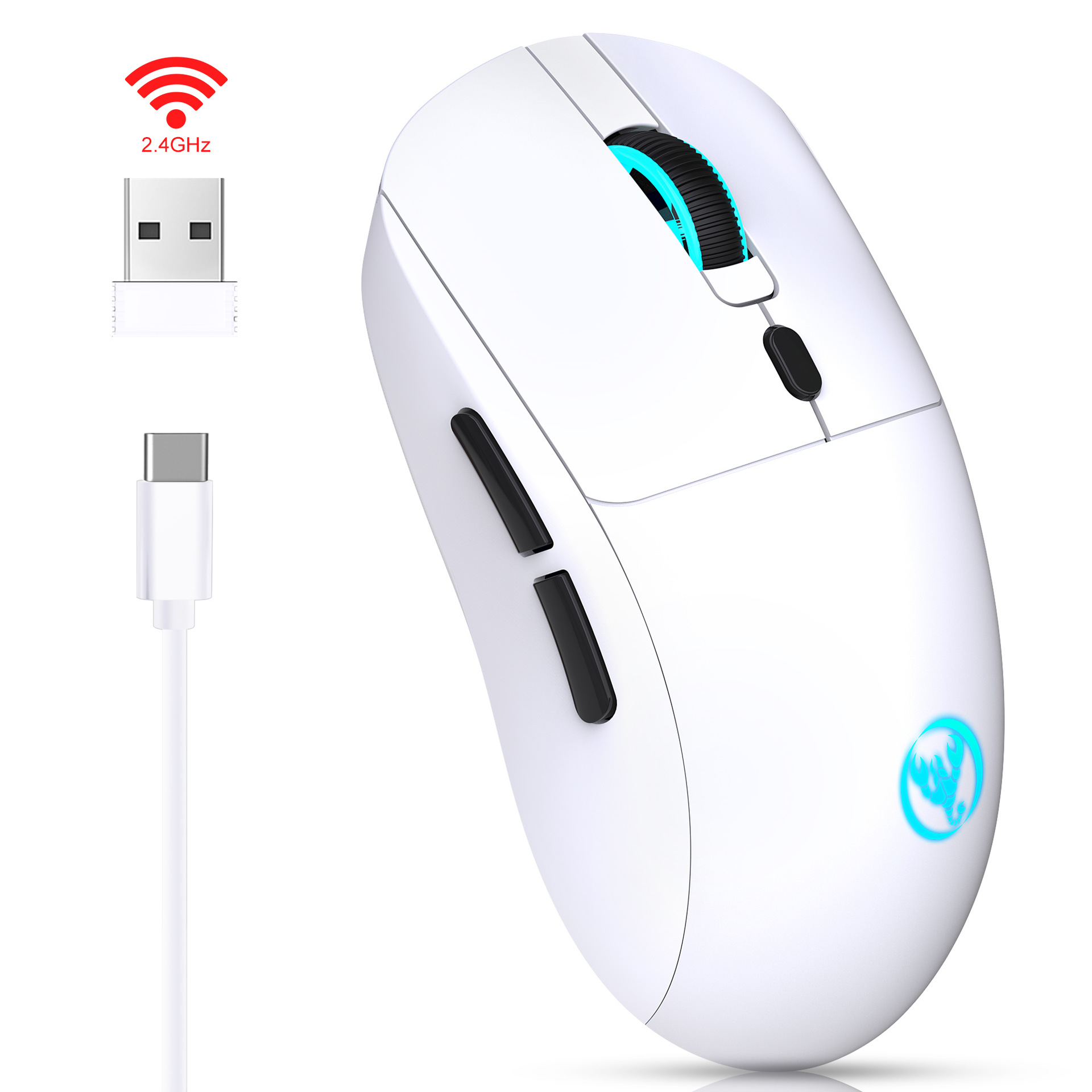 Weiße kabellose Maus mit USB-Adapter und Ladekabel.