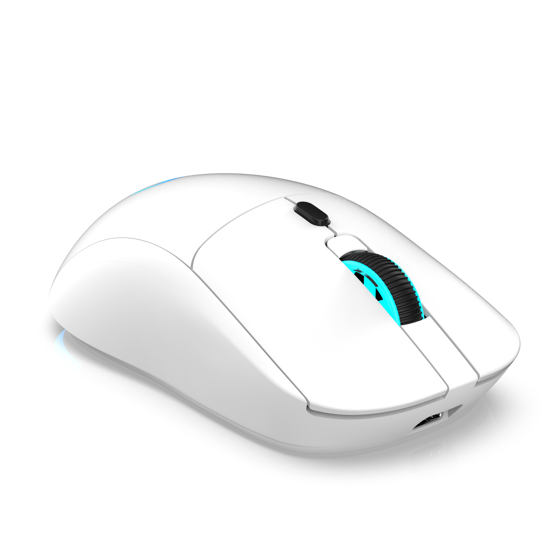 Eine weiße, kabellose Computermaus mit einem blau beleuchteten Scrollrad und zwei Tasten.