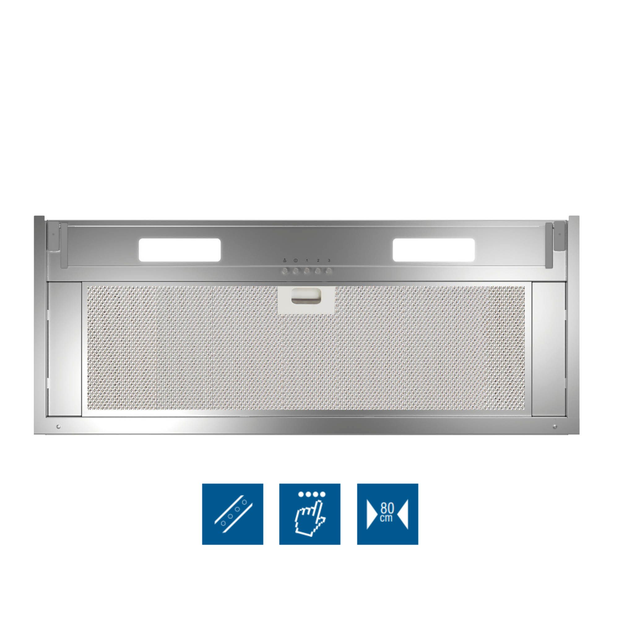 Campana extractora de cocina de acero inoxidable con controles e iconos.