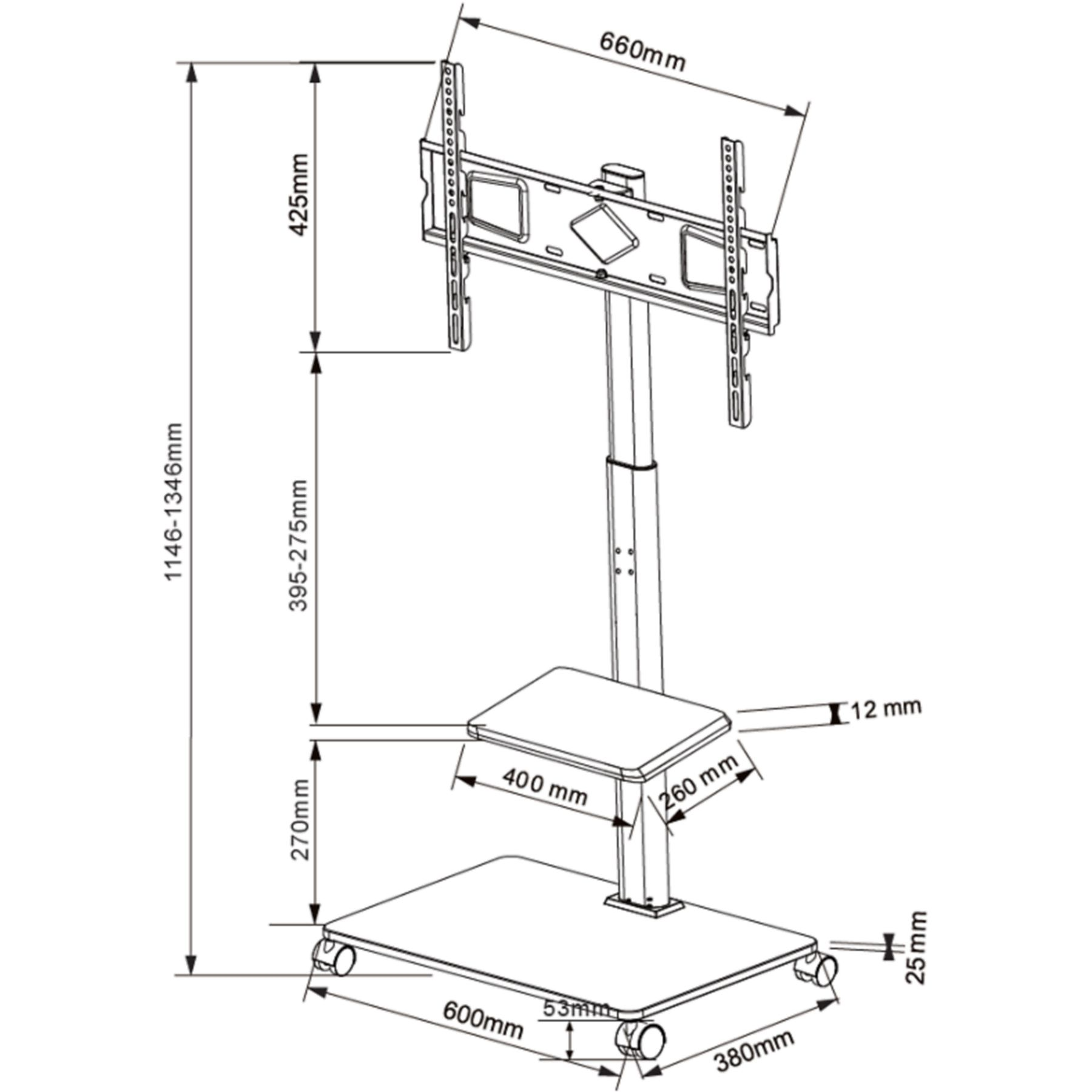 Dessin technique d'un support TV, montrant les dimensions en mm et les composants.
